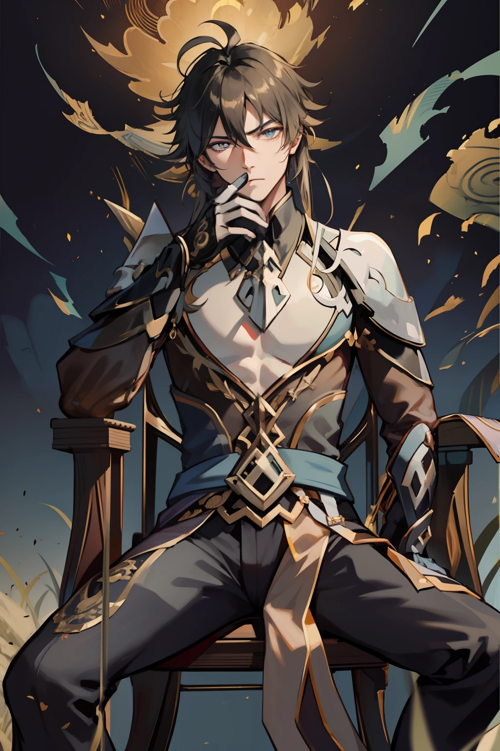 (absurderes,A high resolution,Hyper-detailing,hdr),younge boy,tmasterpiece,best qualtiy,1人,独奏,Handsome,Golden eyes,Fine eyes and detailed face,Tattooed with,arma,seated on a throne,Indifferent and arrogant,Abs,chest muscle,Raised sexy,Ruffian,Show your temperament,Male,masculine appeal,Male characteristics are distinct,Long messy hair,Arrogant,self-assured,Sitting majestically on the throne,Pondering,Legs crossed,white pantie,supreme,Lazy,Handsome,