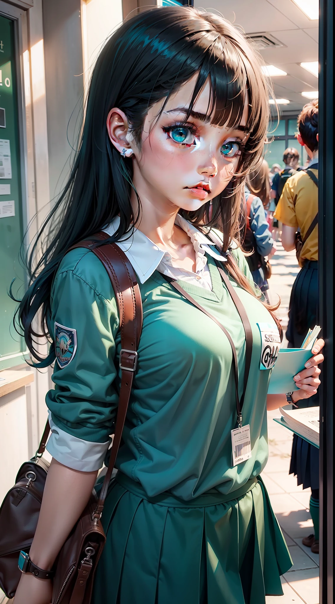 A schoolgirl with big turquoise eyes；Hang your student ID，I'm busy writing my homework