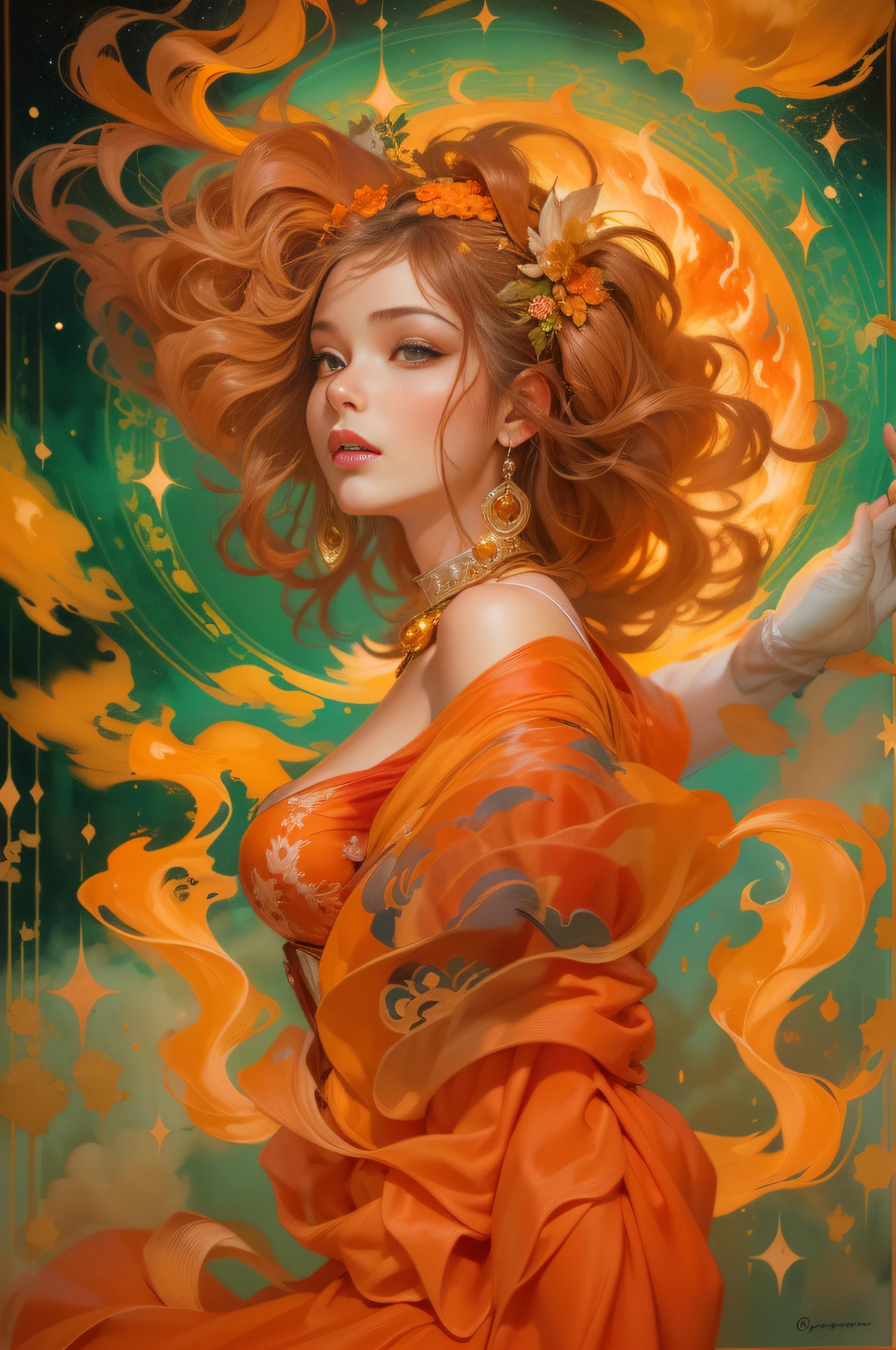 Gorgeous goddess of fire, (Float on fiery orange clouds); Perfect hair, perfect full lips, Delicate and perfect body, Her body was flawless, Amazing galactic garden, Background of flames, Floating on the clouds, Highly stylized features; (full bodyesbian), unsplash, Highly detailed, Digital painting, intricately detailed eyes, Colourful, Ink painting, Beautiful watercolor, Realistic, Detailed, fine art, Oil painting, Finely drawn hands; By Artgerm, by Alphonse Mucha, author:Ilya Kuvshinov sty, Paintings by Olga Shvasur, Svetlana Novykova