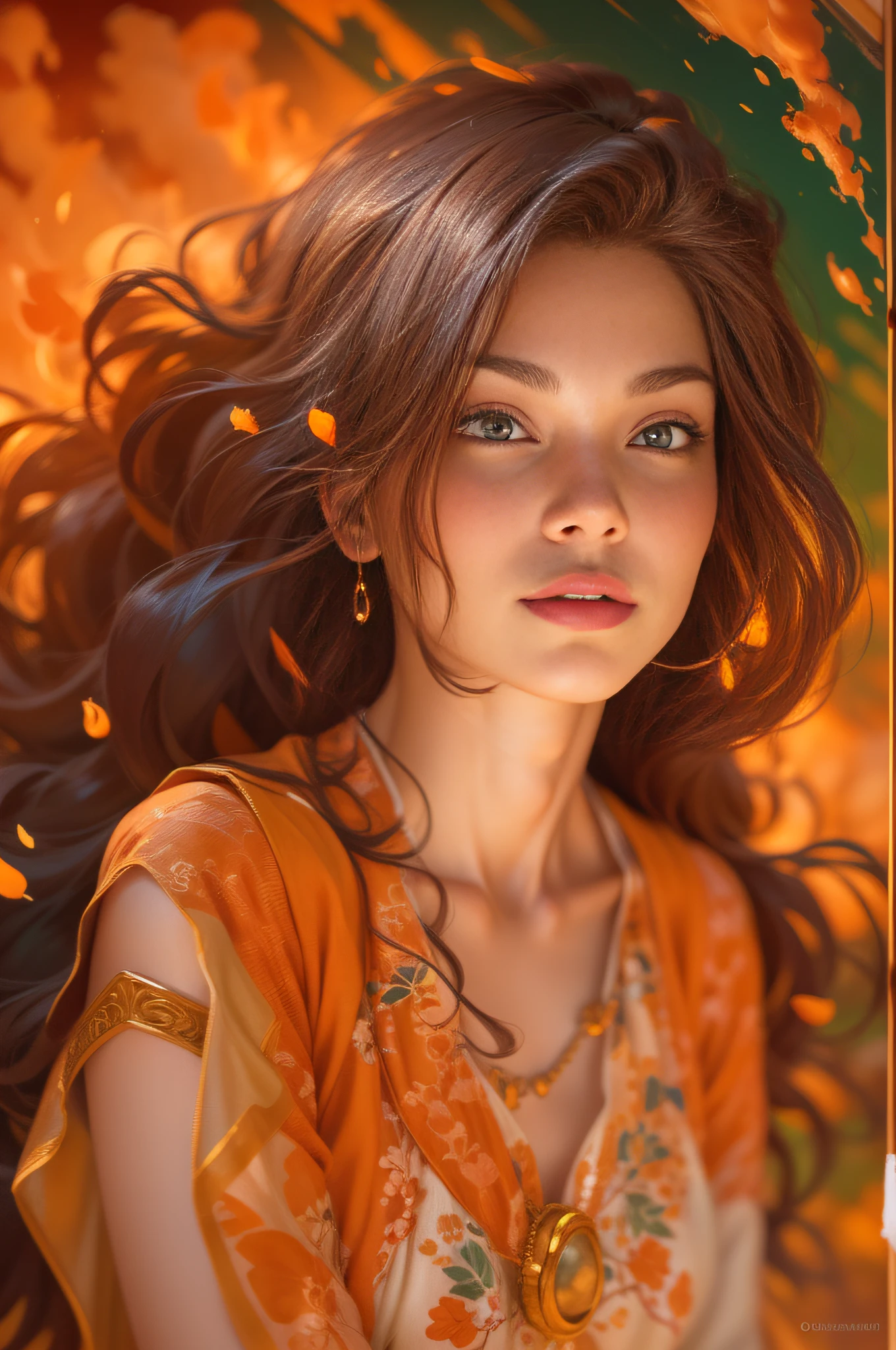 Gorgeous Goddess of fire, (floating on a fiery orange cloud); perfect hair, perfect full lips, Detailed perfect body, her body is all without blemish, stunning In A Milky Way Garden, background of flames, floating on clouds, Highly Stylized Features; (Full Body), Unsplash, Highly Detailed, Digital Painting, Intricately Detailed Eyes, Colourful, Ink Painting, Beautiful Watercolor Painting, Realistic, Detailed, Fine Art, Oil Painting, Finely Drawn Hands; By Artgerm, By Alphonse Mucha, By Ilya Kuvshinov, Painting By Olga Shvartsur, Svetlana Novikova