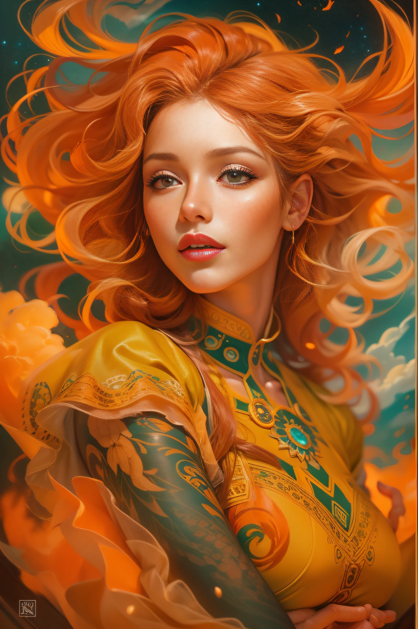 Gorgeous Goddess of fire, (floating on a fiery orange cloud); perfect hair, perfect full lips, Detailed perfect body, her body is all without blemish, stunning In A Milky Way Garden, background of flames, floating on clouds, Highly Stylized Features; (Full Body), Unsplash, Highly Detailed, Digital Painting, Intricately Detailed Eyes, Colourful, Ink Painting, Beautiful Watercolor Painting, Realistic, Detailed, Fine Art, Oil Painting, Finely Drawn Hands; By Artgerm, By Alphonse Mucha, By Ilya Kuvshinov, Painting By Olga Shvartsur, Svetlana Novikova