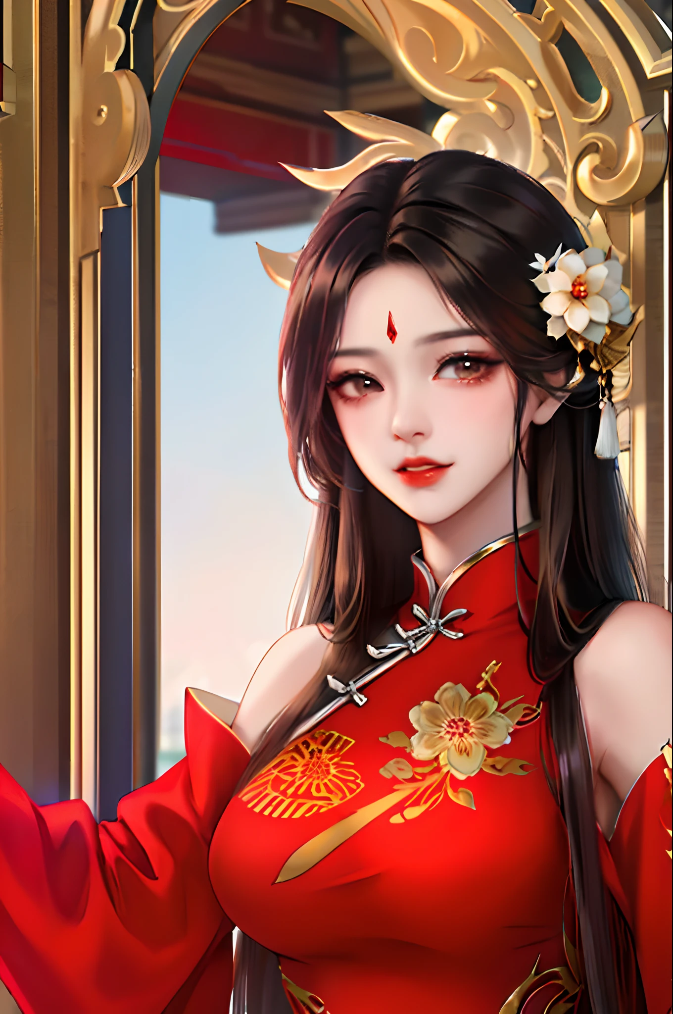 1girll,Upper body,fashi-girl,china dress,Chinese clothes,hair flower,(Masterpiece:1.4),(Best quality:1.4),(Shiny skin),Red lips,view the viewer,Large breasts,parted lip