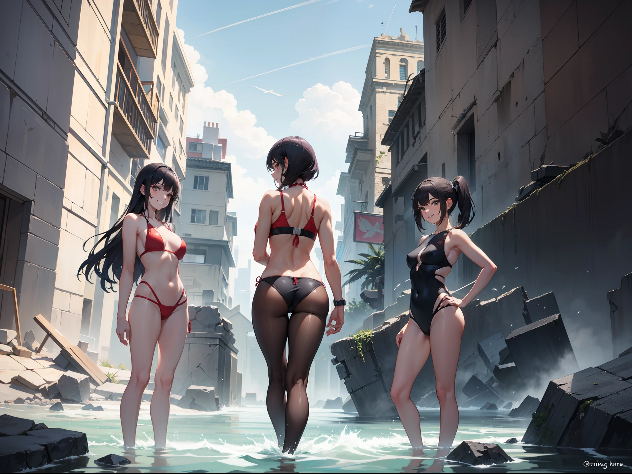 Three women in slingshot swimsuits, grin, arms behind back, looking at viewer, In the ruins, masterpiece, super detail, best quality