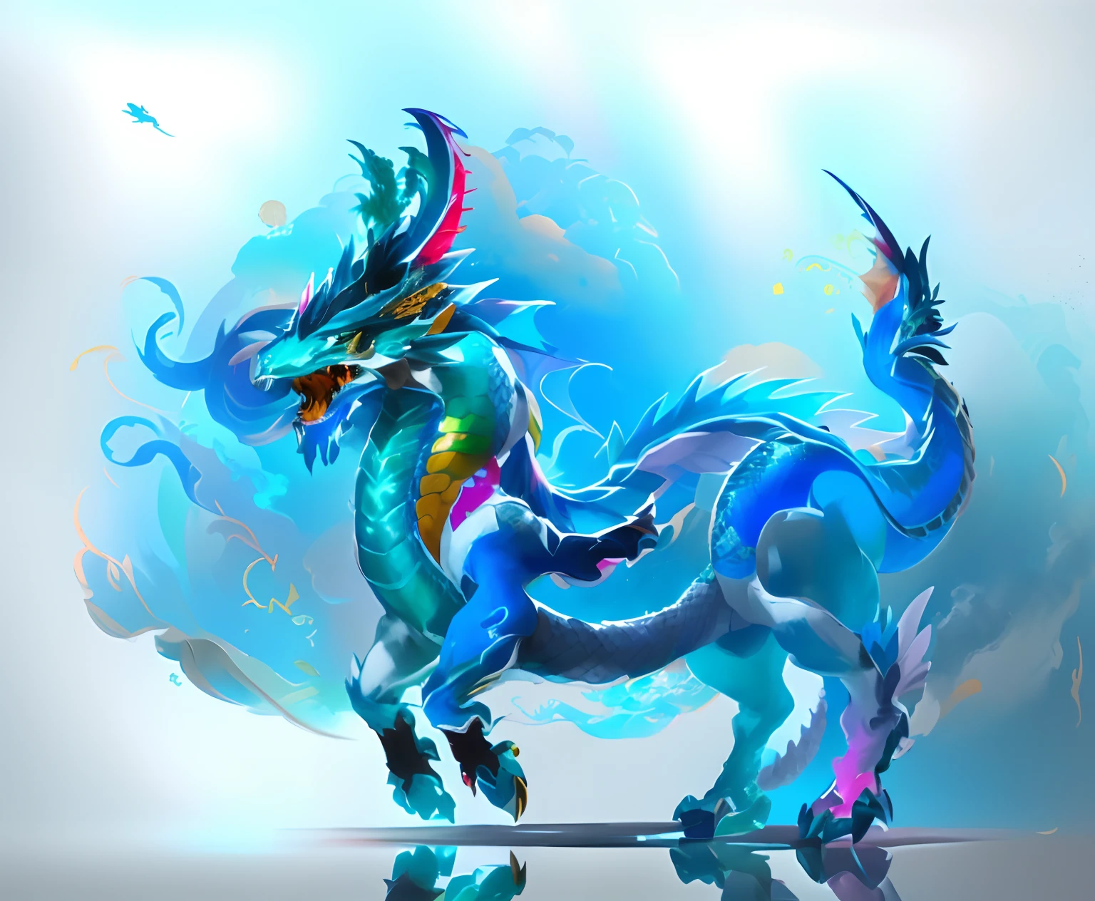 Brightly colored horses with a long tail and a tail with a long tail......., Mythical Creatures, chinese dragon concept art, smooth chinese dragon, cyan chinese dragon fantasy, Mythical Creatures, Fantasy Creatures, Rainbow Fluffy Dragon, Digital paintings of Quetzalcoatl, anthropomorphic dragon, Chinese dragon, dragon art, as an anthropomorphic dragon