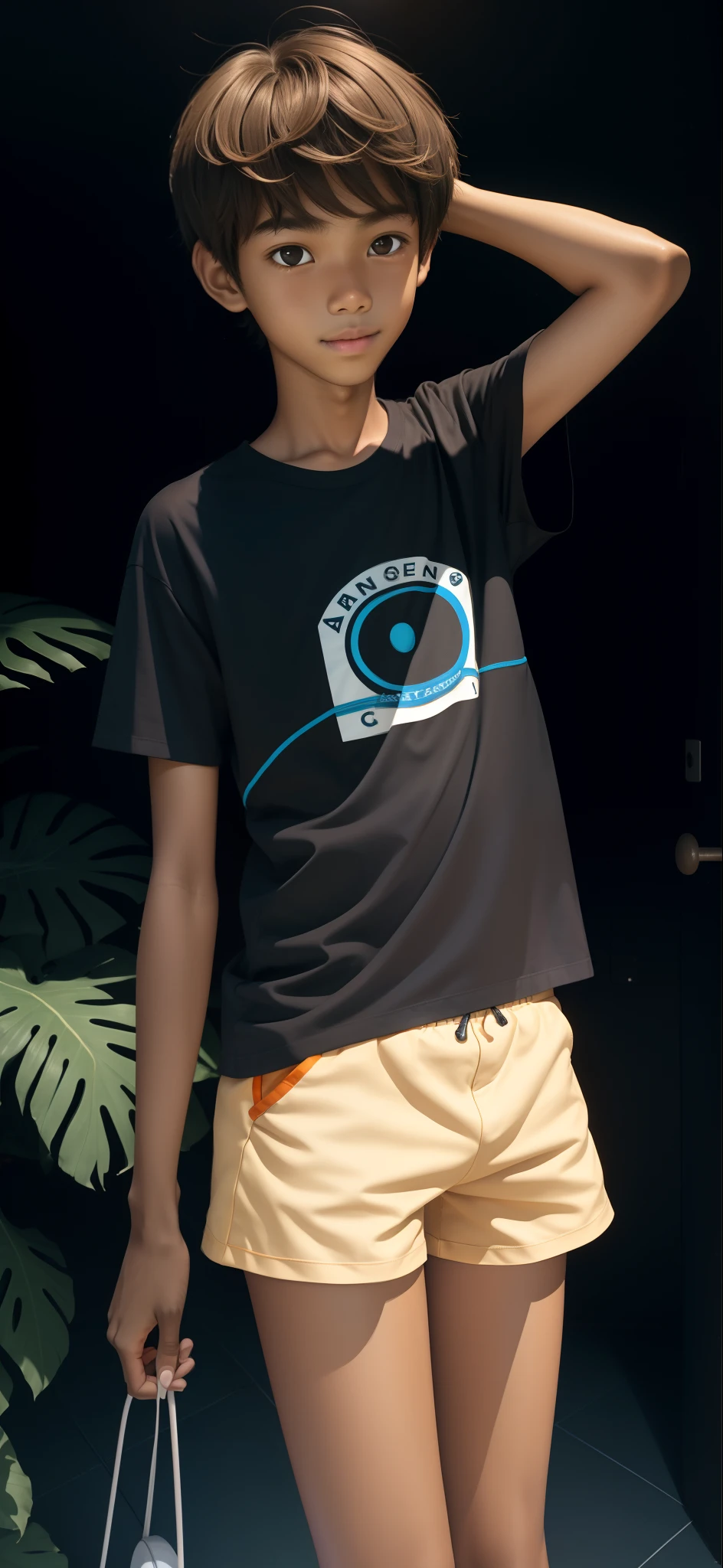 A 14-year-old boy,Light brown skin,Orange mini shorts,Sports hot pants,Slender legs,largeeyes,short detailed hair,Tall and thin,Melon seed face,ssmile,In a dark background,Ocean blue T-shirt