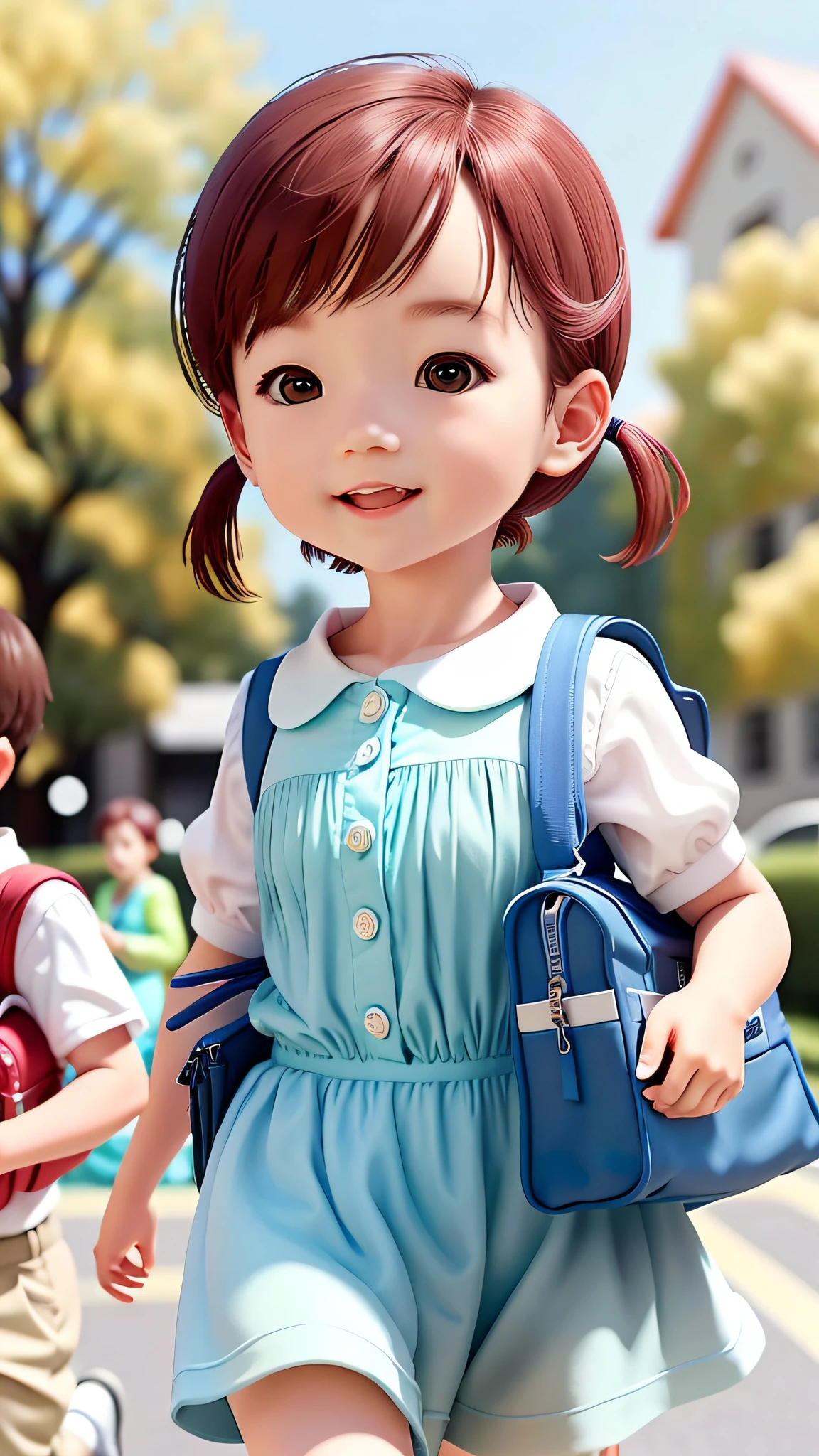 Best quality at best，1girll， a baby face， ssmile， adolable， C4D，This cute baby face appears on a young girl。Her face is  and delicate，It reveals an atmosphere of youth and innocence。Her complexion was as white as snow，On the way to kindergarten with a school bag, hyper-pregnant, full-body shot.