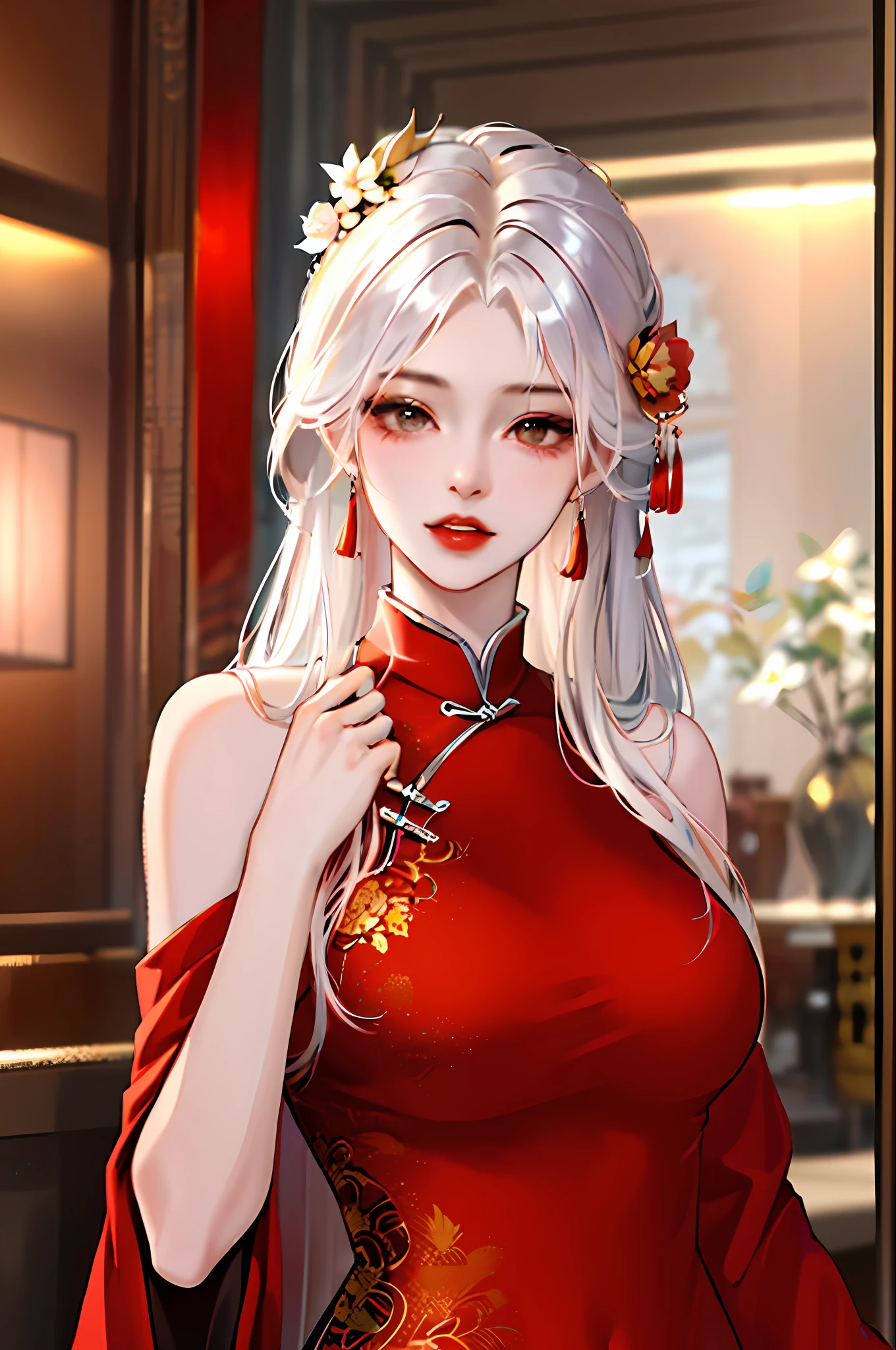 a girl sad, beautiful eyes tears, sad，Open lips，Long gray hair，Red dress，Chinese style clothes，