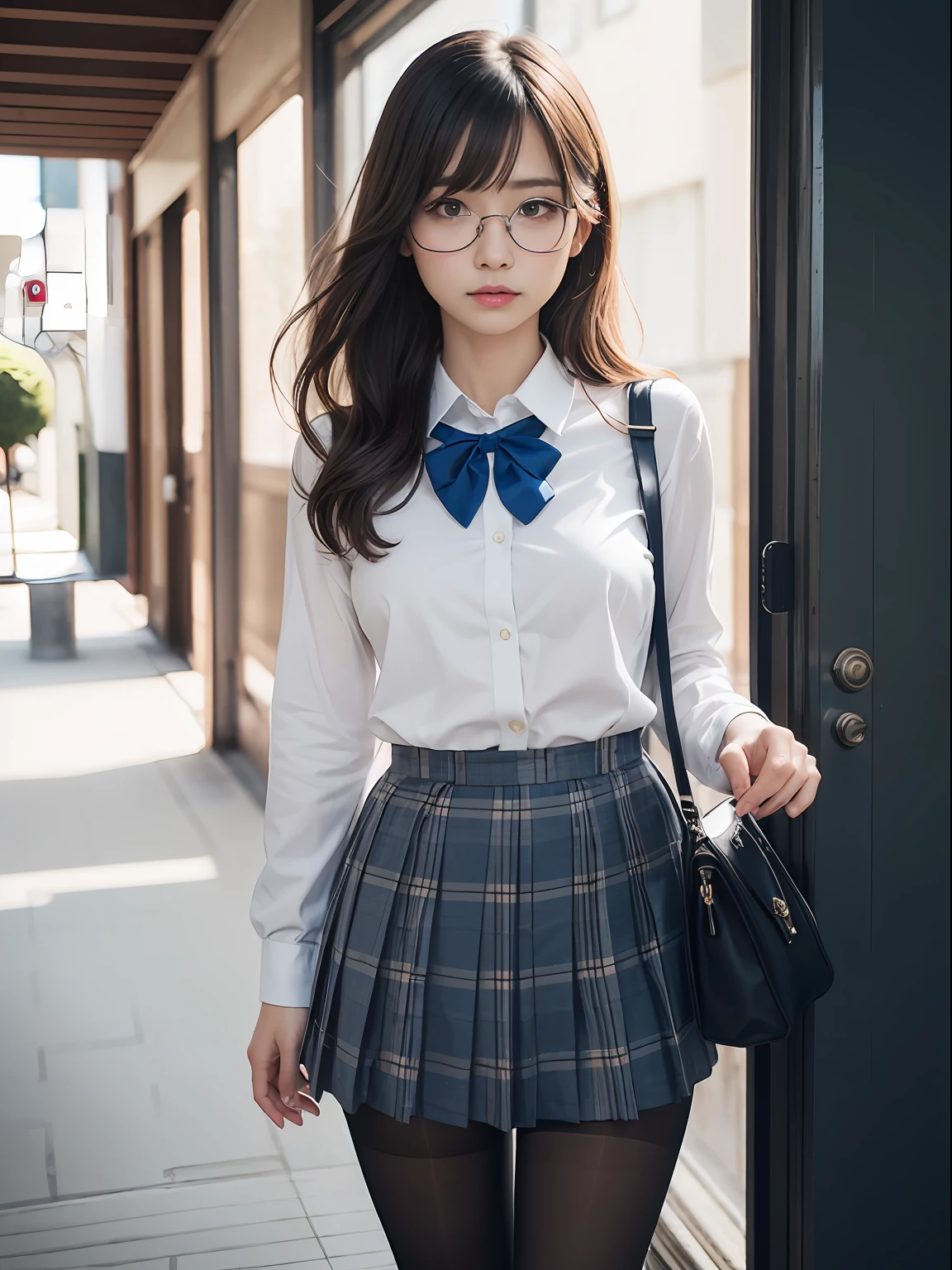 (Tentacles),(Underwear is visible),(8K、Raw photography、top-quality、masterpiece:1.2),glamor,Chromo-white skin,cocky,School,watching at viewers,Looking at the front,Muchimuchi,Erotic,Pupils,de pele branca,kne,Student Bag((Black pantyhose)),absurderes,a small face,small tits,flat breast,Forehead visible,Bangs hanging from the left and right sides of the forehead,(a cold expression,Tight eyes,glares,Bullish,skinny,Rasping,irate)、masterpiece,top-quality、超A high resolution,Raw photo,ren,Beautiful fece,One Person, 独奏,eye glass,,Dark look,Small breasts,fullllbody,Round glasses,JK school uniform,hi-school girl,A Japanese Lady,is standing,(Photorealsitic:1.37)、Photon mapping,Realistic、Beautie,Cute little face,Brown-eyed、Black socks、(Red bow tie)、Radio City、Physically Based Rendering、depth of fields、Blurry background、a picture,Body,beauty legs, Long legs, Thin leg,(Bangs are visible), hair, s lips, Blue_The eye, nosesoft,(Light blue shirt), (Navy and blue and white plaid pleated skirt), Knees are visible,Sheer clothing,, Thigh, Black cotton socks,Nogizaka Idol, 女優, Japanese ido