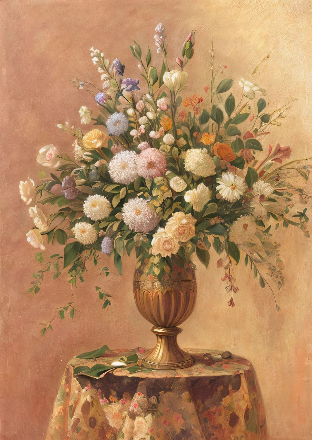 Draw a vase on the table,The background is the wall, vases, elegant flowers, ornate floral, Elegant composition, Bouquet, vase with flowers, gilded. Floral, floral renewal, Elegant scene, Still life with flowers, inspired by François Boquet, i dream of a vase flowers, elegant and refined painting, author:John Clayton Adams