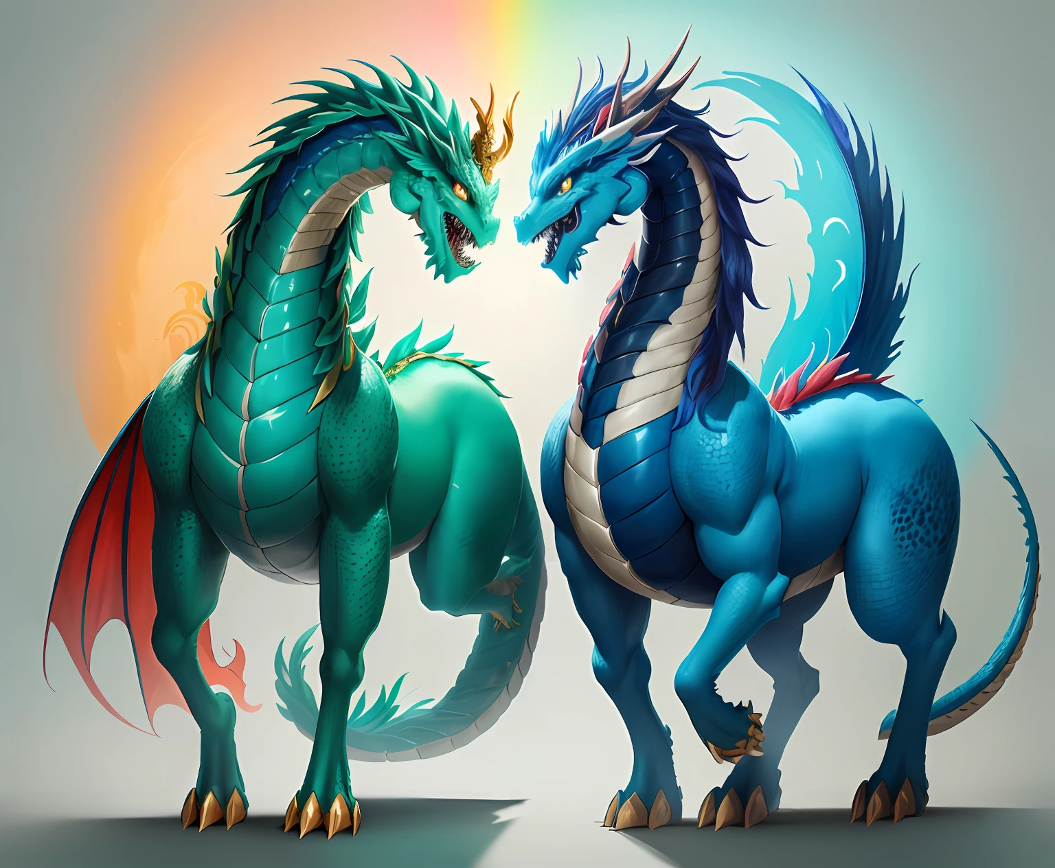 Brightly colored horses with a long tail and a tail with a long tail........, Mythical Creatures, chinese dragon concept art, smooth chinese dragon, cyan chinese dragon fantasy, Mythical Creatures, Fantasy Creatures, Rainbow Fluffy Dragon, Digital paintings of Quetzalcoatl, anthropomorphic dragon, Chinese dragon, dragon art, as an anthropomorphic dragon