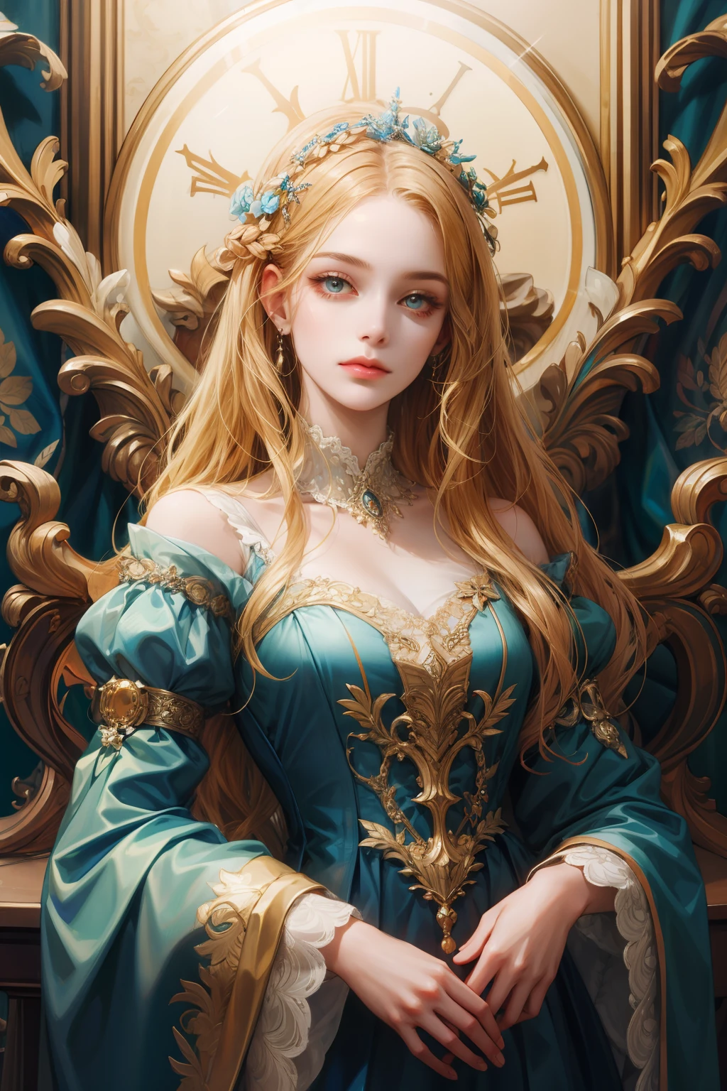 (absurderes, A high resolution, Ultra detailed), 1girll, Solo, mature, baroque, Long dress, longer sleeves, elegant, Colorful, highest details, Upper body, masterpiec, Majestic, Calm face, The head is slightly tilted, Colorful eyes, Long hair