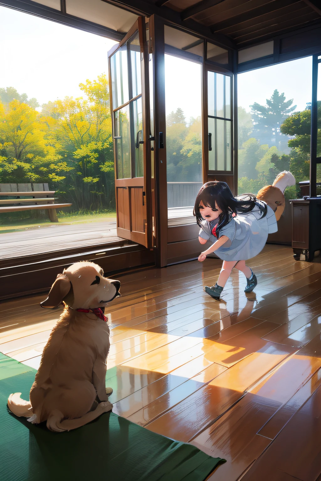 Large floor to ceiling window room,The sun is shining outside the window,Trees grow into forests,Large lawn,Children playing on the lawn,Two puppies chasing and fighting。