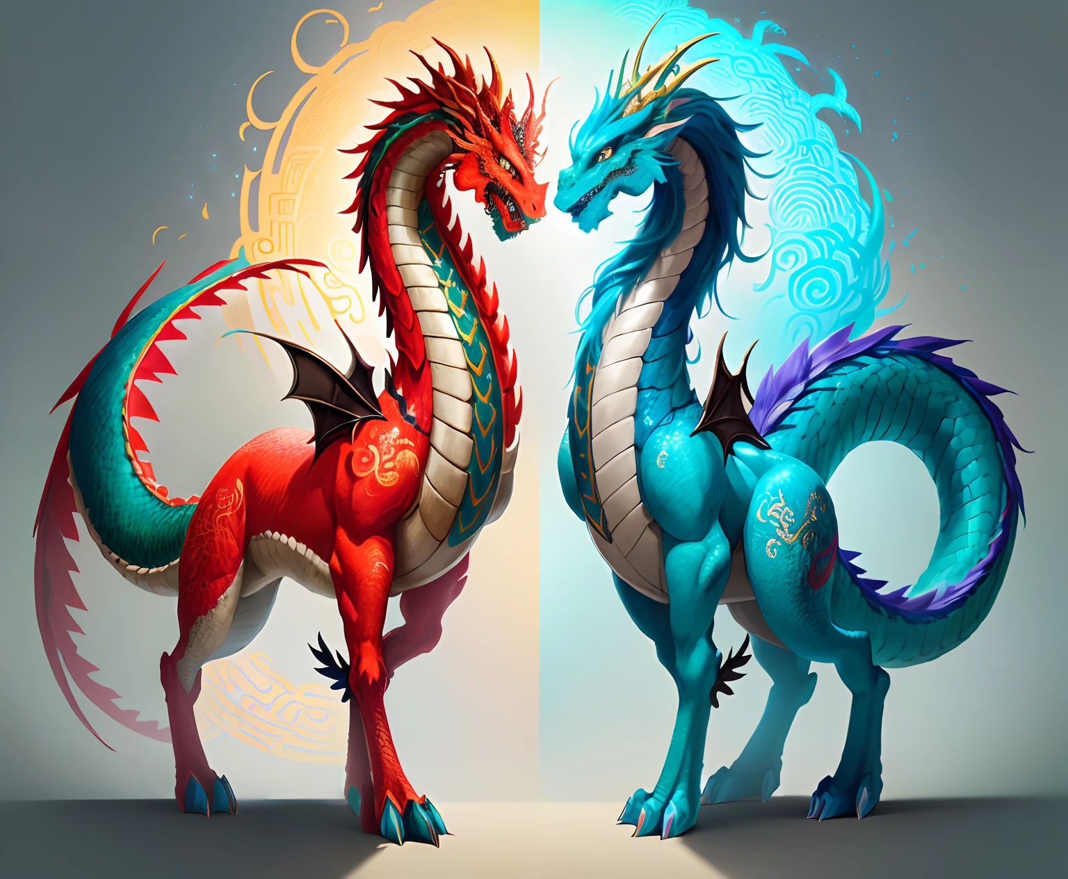 Brightly colored horses with a long tail and a tail with a long tail......, Mythical Creatures, chinese dragon concept art, smooth chinese dragon, cyan chinese dragon fantasy, Mythical Creatures, Fantasy Creatures, Rainbow Fluffy Dragon, Digital paintings of Quetzalcoatl, anthropomorphic dragon, Chinese dragon, dragon art, as an anthropomorphic dragon