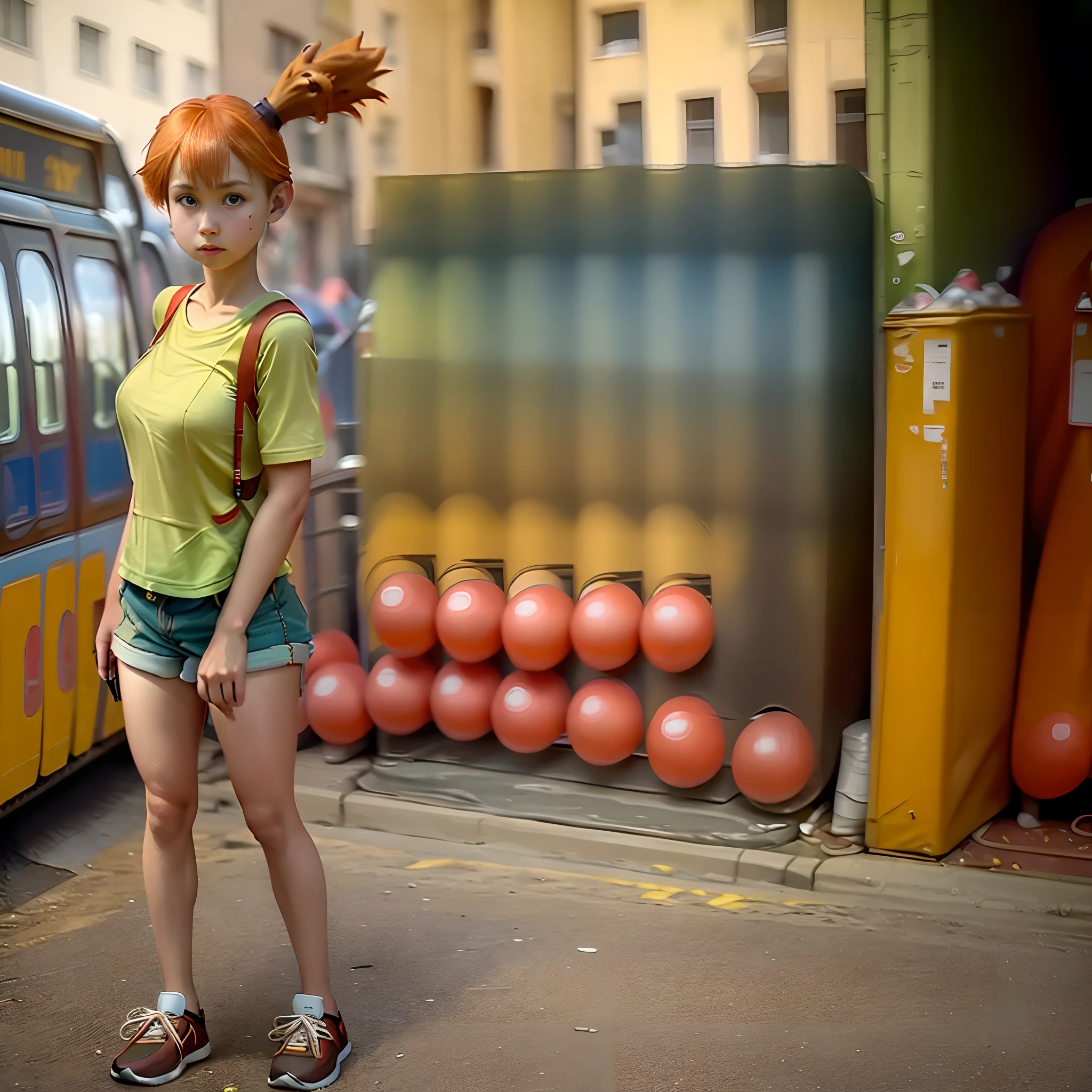 masterpiece, best quality, highres, 1girl, misty (pokemon), orange hair, yellow tops, full body view, standing in urban city.(8k, 4k, best quality, highres:1.2), (maasterpiece, realistic, photo realistic:1.37), beautiful face