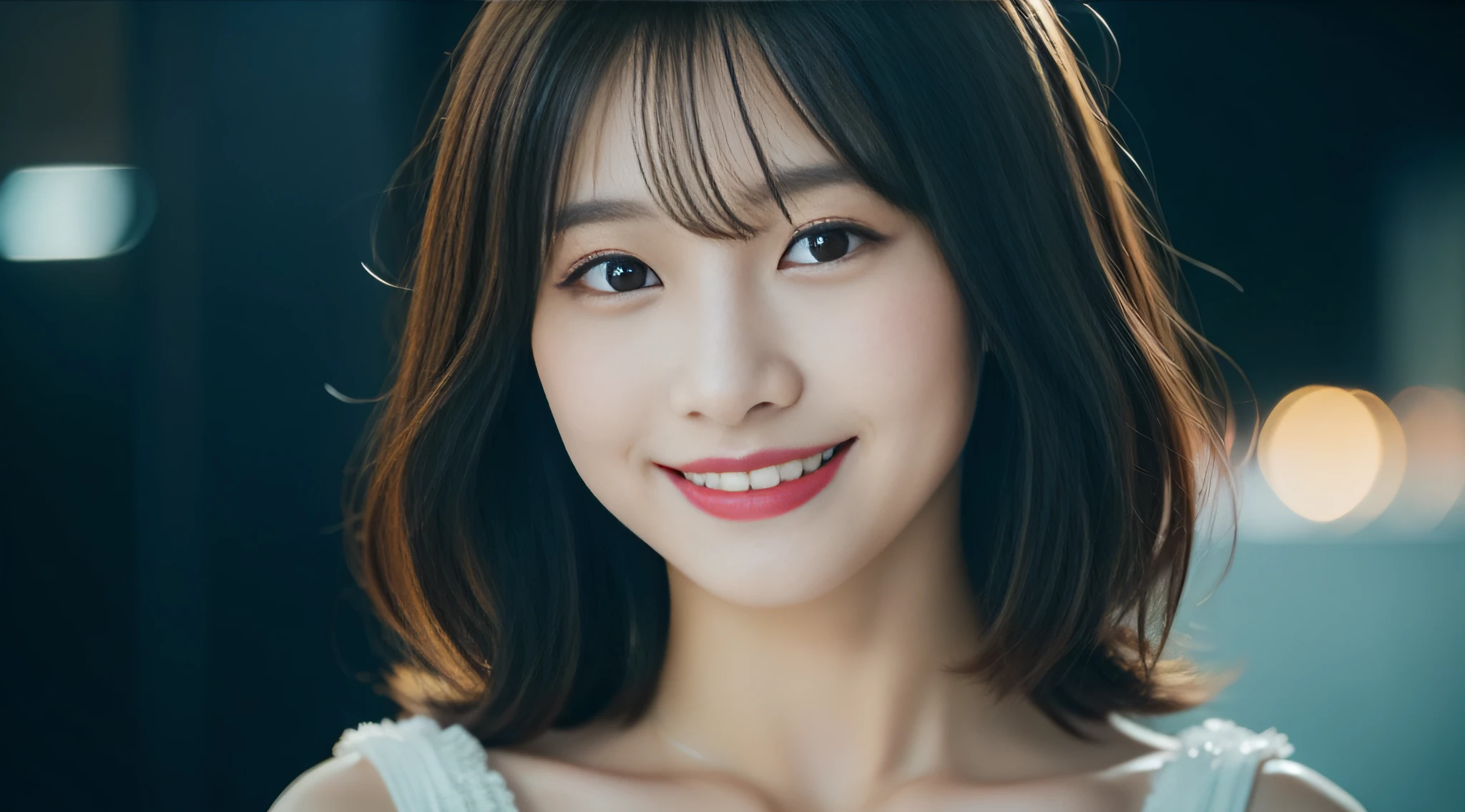 twjihyo, jihyoo, ((masterpiece, best quality)), intricate details, high quality, (photorealistic), (rich:1.4), ultra realistic 8k cg, picture-perfect face, flawless, clean, masterpiece, professional artwork, famous artwork, cinematic lighting, cinematic bloom, perfect face, beautiful face, beautiful eyes, 1girl, korean woman, jihyo from twice, short dark hair, jihyo, kpop idol, smiling