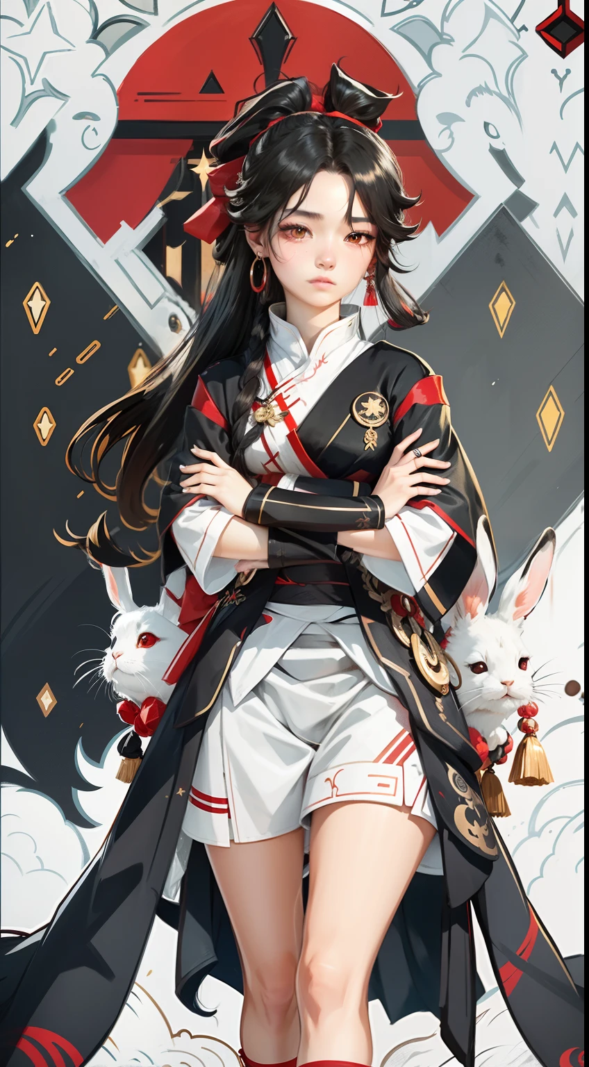 A teenager with long black hair and a high ponytail，The left eye is golden，The right eye is red，There are four golden stars under the left eye，An earring with a red ribbon hanging from the right ear，Wearing red and black Hanfu，Surrounded by a group of white rabbits