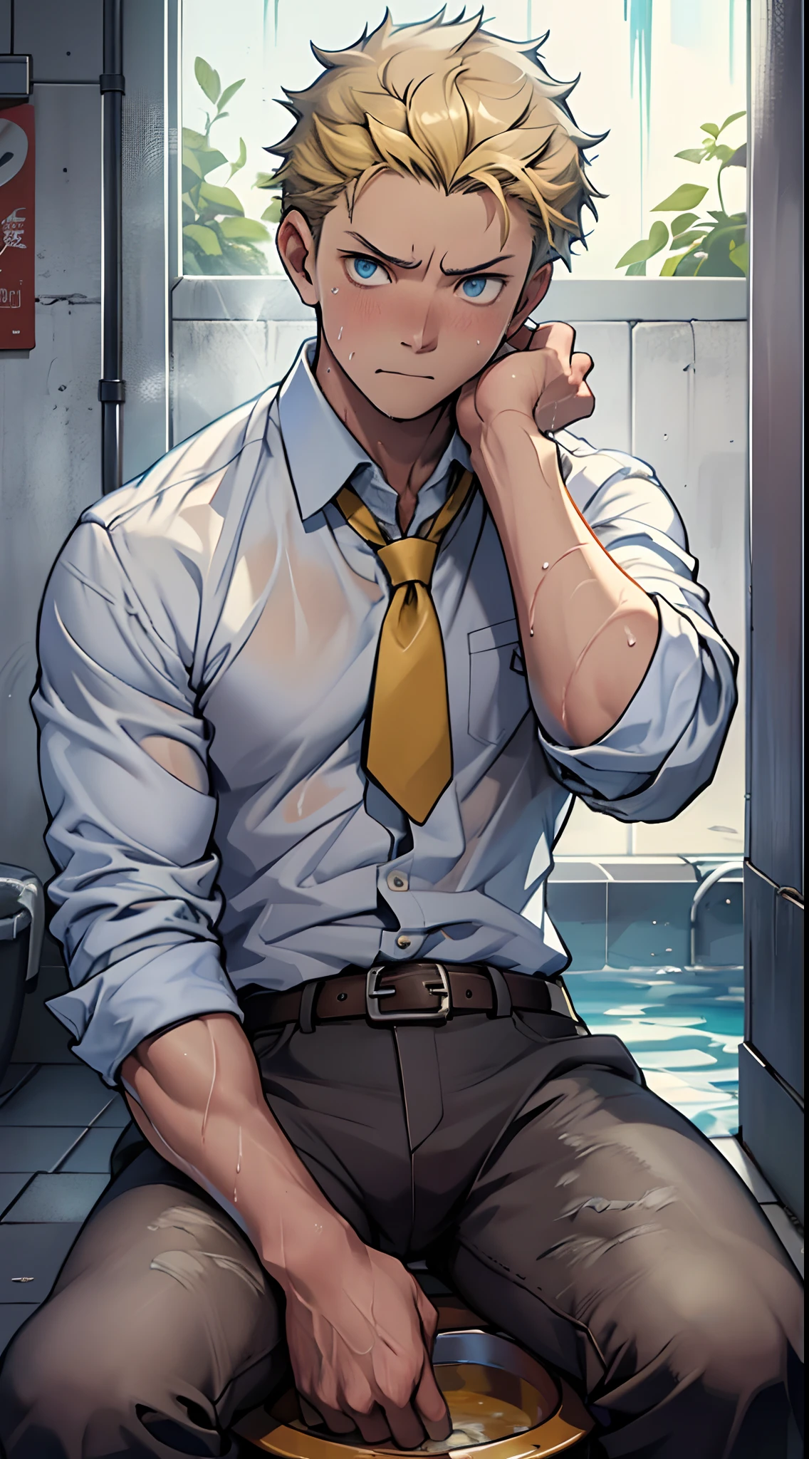 （1 Adult male），A high resolution， Sharp focus， Pixiv masterpiece， （（Complicated details））， highly  detailed， natsuki_subaru， 1 man，perfect male figure，Urine on the trouser leg， Nervously bow your head，is shy，embarressed，exhilarated，is shocked，panicking，worry，A pool of urine formed around him，Very eager to pee，Unbearable，Wet yourself，Urine discharge，full bodyesbian，sit astride，Tired，decadent， blue color eyes（eyes glowing）， Short yellow hair，white  shirt，Wear a tie，Wear a belt，trousers，perspire，Drenched，Get wet，pissing，urine flows down the pants，look from down