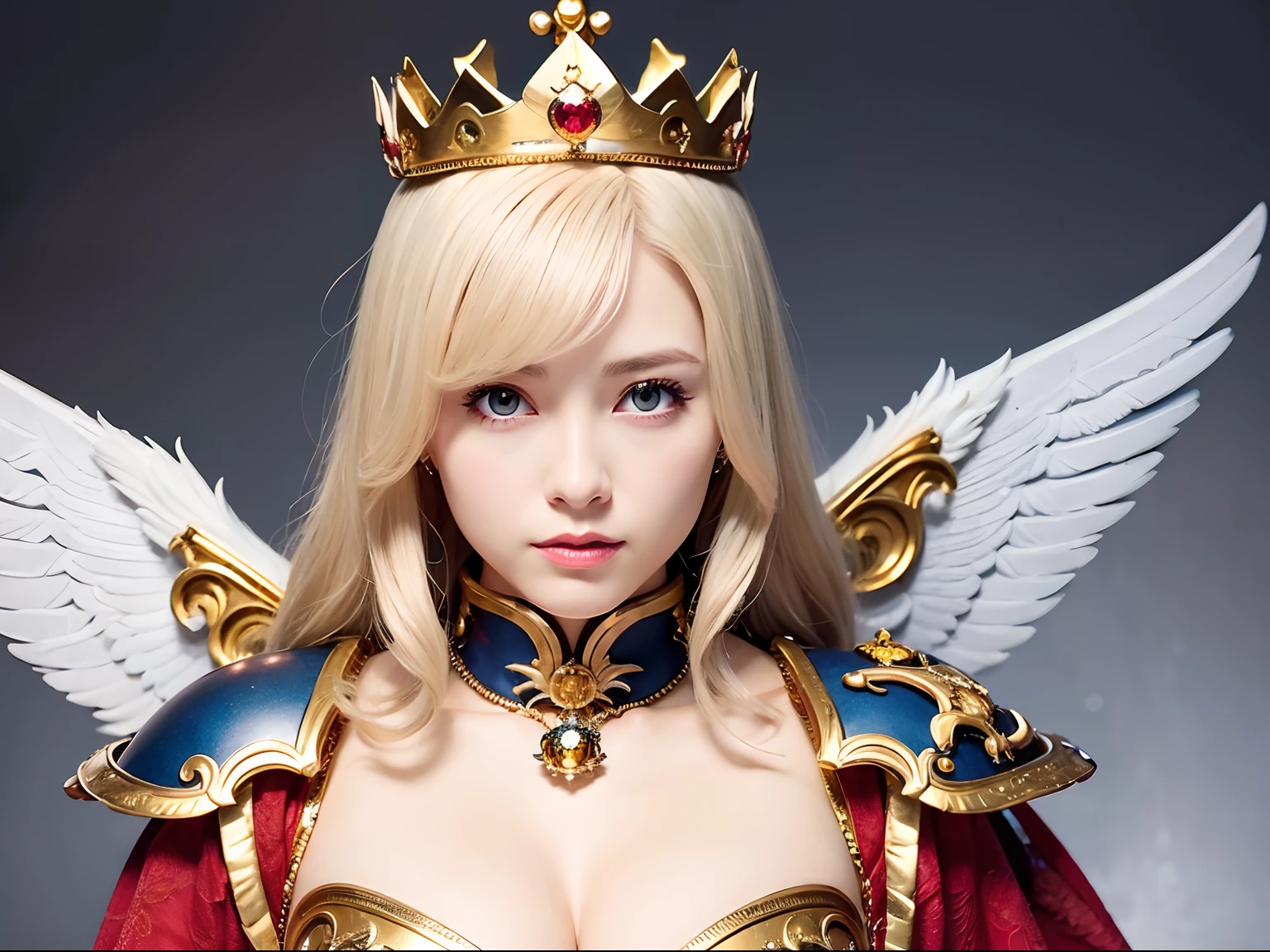 (masutepiece), Professional , masterpiece、top-quality、photos realistic , depth of fields (Gemstone Silver Metal Body:1.9),(Matte White、(Interior background of a luxurious castle)、Jewel Gold Weapon、(Flying in the sky),Gorgeous metal weapons,(Detailed and realistic angel white wings) , Detailed Sword of the Brave , Beautiful knife 、delicated face、20 years girl ,warhammer 40k , adepta sororitas,Detail and ornate jewel crown、a blond、(Gangle's forest background)、Beautiful Caucasian beauty、1a person、dynamic ungle,(((Detailed and ornate diamond crown)))、Smaller head、A smile、Powerful poses、(Gorgeous castle background)、Beautiful thin fingers of a woman、cleavage of the breast、