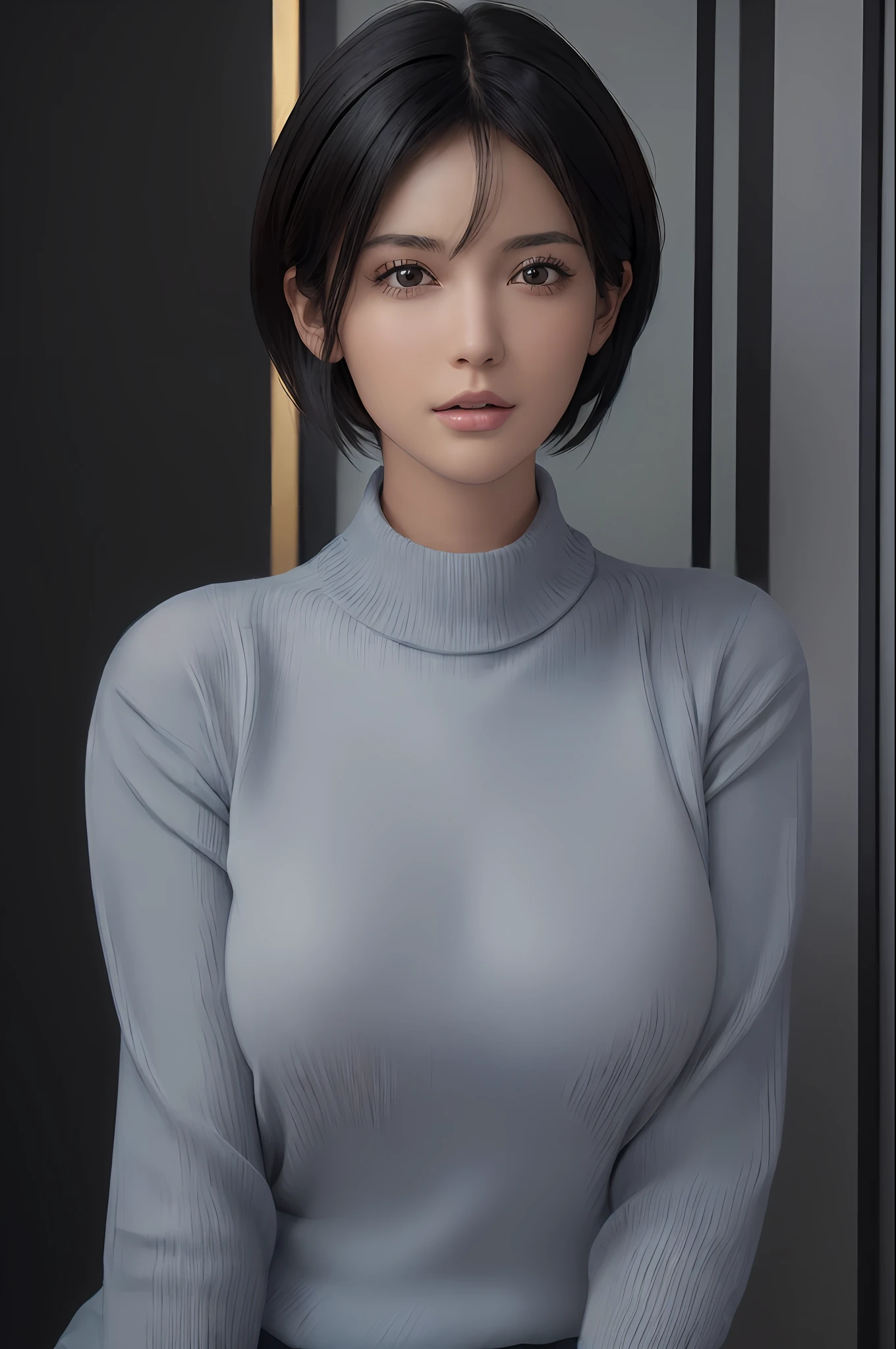 (masterpiece:1.3), (8k, photorealistic, RAW photo, best quality: 1.4), (1girl), beautiful face, (realistic face), (black hair, short hair:1.3), beautiful hairstyle, realistic eyes, beautiful detailed eyes, (realistic skin), beautiful skin, (sweater), absurdres, attractive, ultra high res, ultra realistic, highly detailed, golden ratio