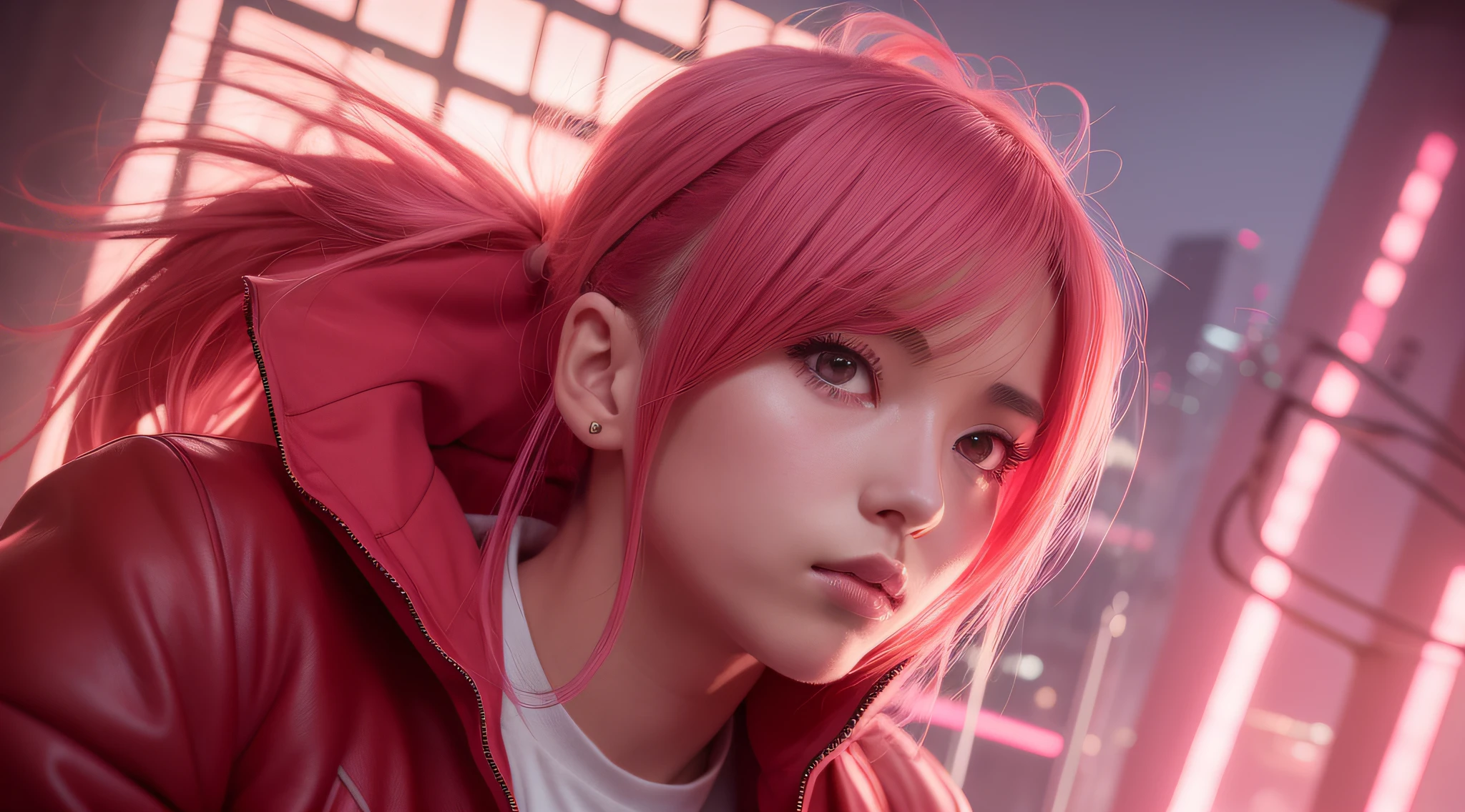 anime girl in the future,Blade Runner 2049,ciberpunk,sports body,in a red jacket,max detail,beatiful face,with pink hair