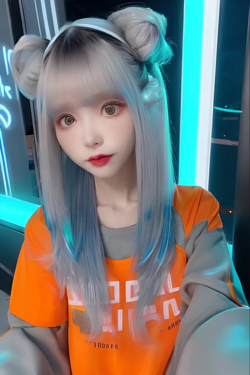 Lucy \(Cyberpunk\), 1girl in, Hair scrunchies, hime-cut, silber hair, Colored tips, fullmoon, grey eyes, jaket, long-sleeve, Look at the viewer, Medium Hair, hair of Multi-colors, Parted bangs, Parted lips, Blue hair, portlate, Red Eyeliner, red-lips, 独奏, Orange T-shirt, cyberpunked\(Series\), Neon City