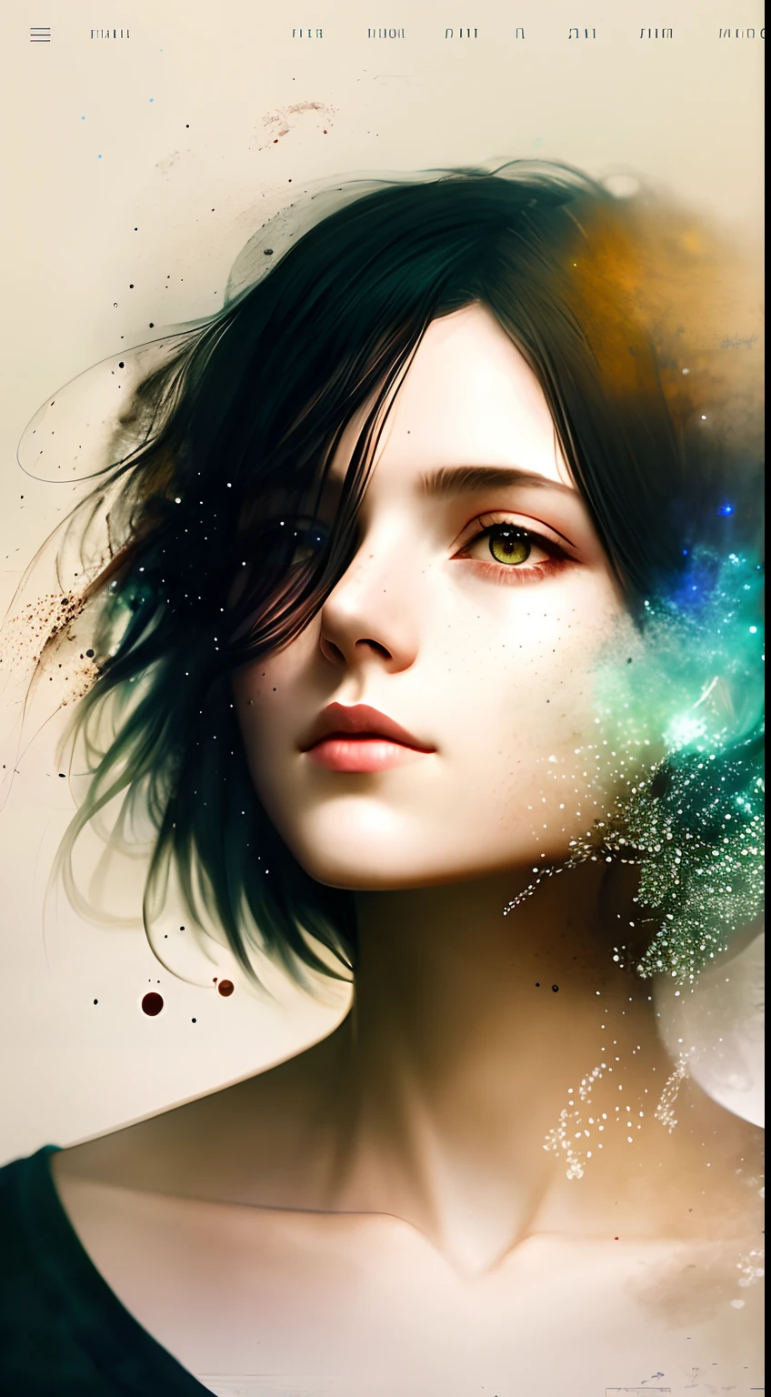 The female figure of Agnes Cecile，Radiation components，Soft color grading，Ink droplets drift away，Warm lights in autumn，Female Internet celebrity，Black hair，Colored ink droplets，Guviz-style artwork, beautiful digital painting
