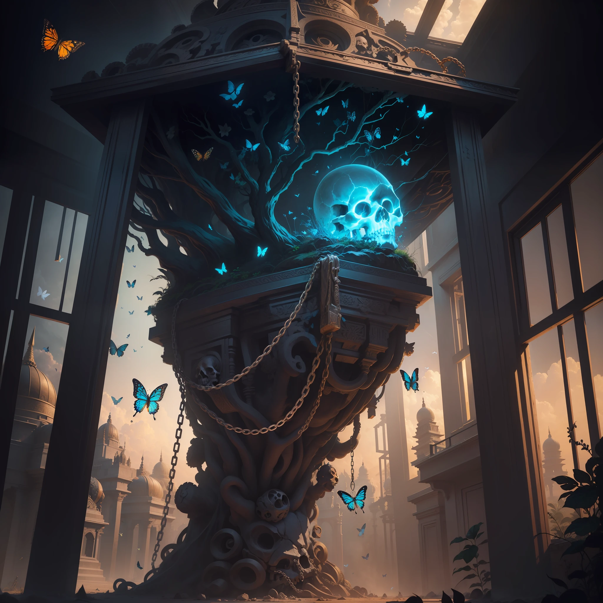 Create a futuristic image : A Hindu skull suspended by a chain in the void. The interior is occupied by butterflies, Le paysage est sombre et triste, temples romains, gladiateur, bronze & opale, nature morte, Vermeer