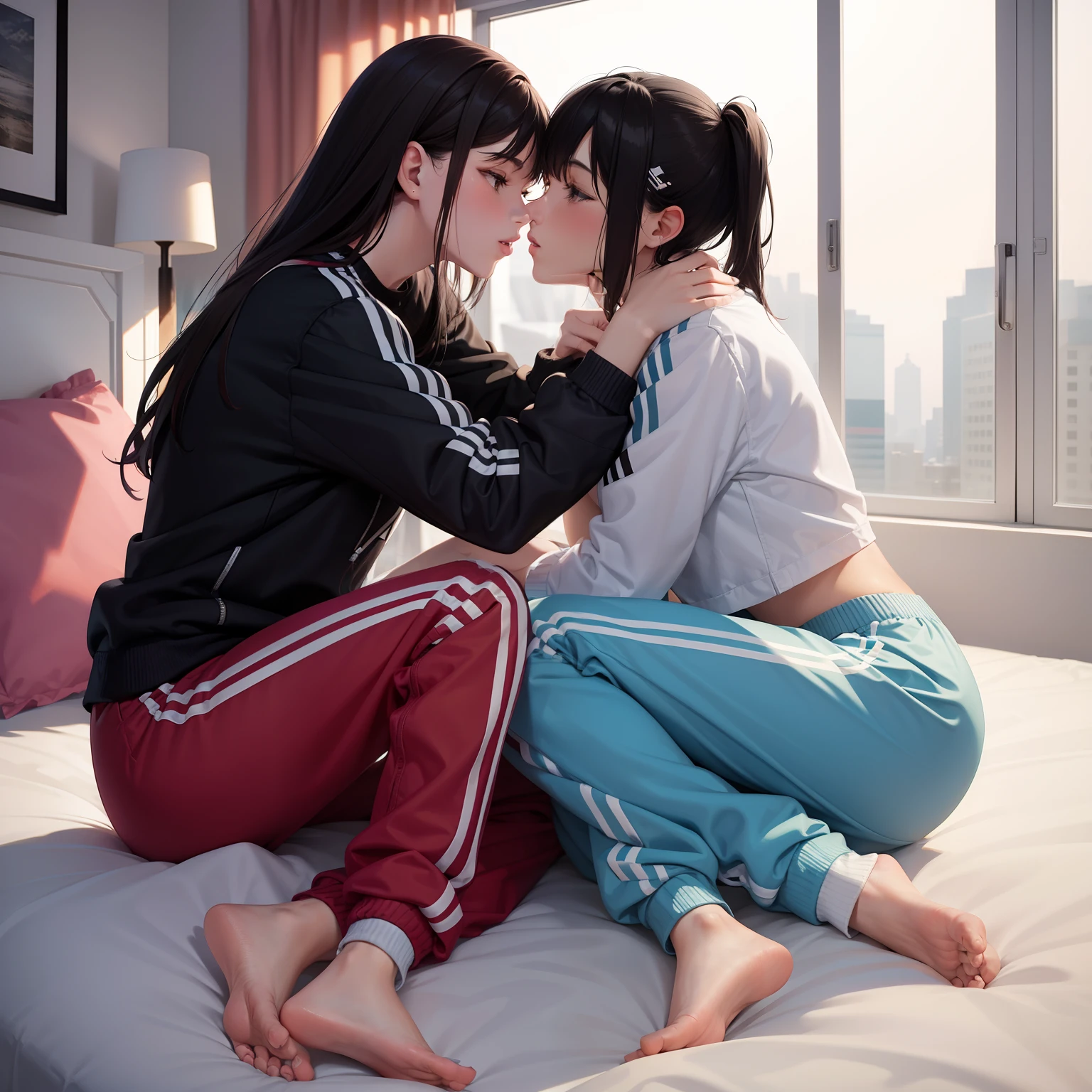 Two women kissing and lying in bed wearing Adidas Baggy pants, cabelos multicoloridos, olhos multicoloridos, anatomia correta, preciso, Super Detalhe, melhor qualidade, pele texturizada, retina correta, Eye correction, beijo realista, corpo inteiro, estilo anime