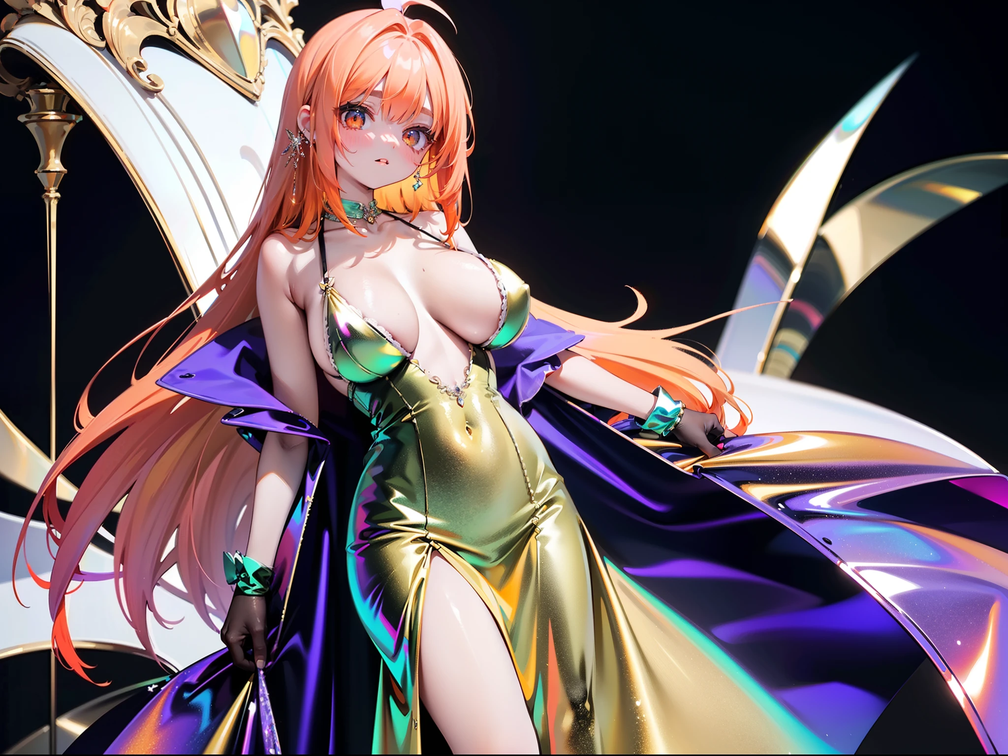 (masterpiece:1.2, best quality),holographic clothing,(((holographic elegant long maxi dress ))) with ((metallic material flowers )), ((neon bright orange hair, long flowing hair,)) orange golden eyes, big crystals, (intricate details, depth of field, intense focus), (1girl, solo), perfect face, (big breasts:1.4), wide hips, glossy lipstick shiny, moe artstyle, wallpaper 8 k, digital illustration, beautiful, futuristic but elegant and delicate fashion in light holographic colors, many details and lace on it, long holo gloves up to her shoulders, the background is an amazing field with colorful detailing, holographic, holo details, holographic shiny suit, gamma