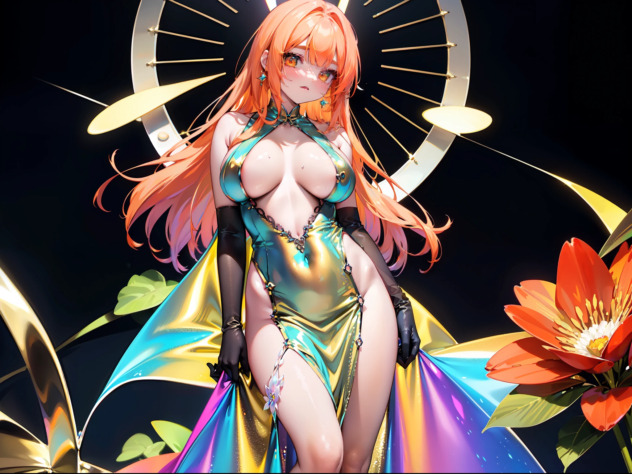 (masterpiece:1.2, best quality),holographic clothing,(((holographic elegant long maxi dress ))) with ((metallic material flowers )), ((neon bright orange hair, long flowing hair,)) orange golden eyes, big crystals, (intricate details, depth of field, intense focus), (1girl, solo), perfect face, (big breasts:1.4), wide hips, glossy lipstick shiny, moe artstyle, wallpaper 8 k, digital illustration, beautiful, futuristic but elegant and delicate fashion in light holographic colors, many details and lace on it, long holo gloves up to her shoulders, the background is an amazing field with colorful detailing, holographic, holo details, holographic shiny suit, gamma