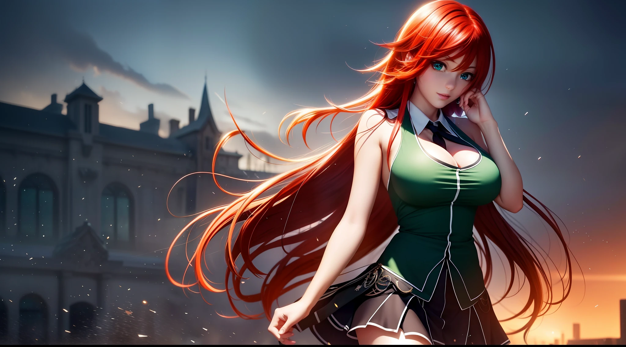 focused upper body, 1 girl, rias gremory, tank top, black skirt, big breast bust, sparkling green eyes, (((school background))), Colorful beautiful girl: red hair, nice perfect face with soft skinice perfect face, intricate detail, splash screen, 8k resolution, masterpiece, artstation digital painting smooth, 8k resolution photorealistic masterpiece, professional photography, natural lighting, volumetric lighting maximalist photoillustration: by marton bobzert