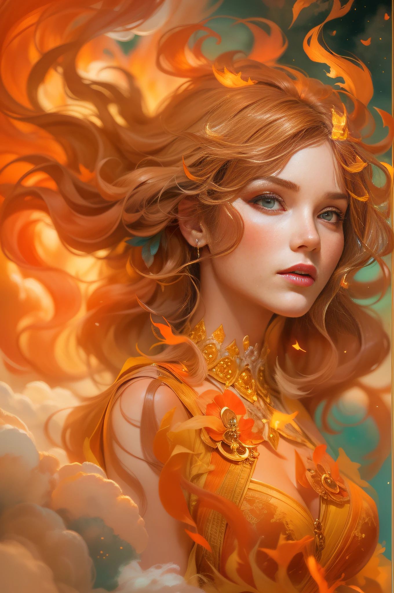 Gorgeous goddess of fire, (Float on fiery orange clouds); Perfect hair, perfect full lips, Delicate and perfect body, Her body was flawless, Amazing galactic garden, Background of flames, Floating on the clouds, Highly stylized features; (full bodyesbian), unsplash, Highly detailed, Digital painting, intricately detailed eyes, Colourful, Ink painting, Beautiful watercolor, Realistic, Detailed, fine art, Oil painting, Finely drawn hands; By Artgerm, by Alphonse Mucha, author:Ilya Kuvshinov sty, Paintings by Olga Shvasur, Svetlana Novykova