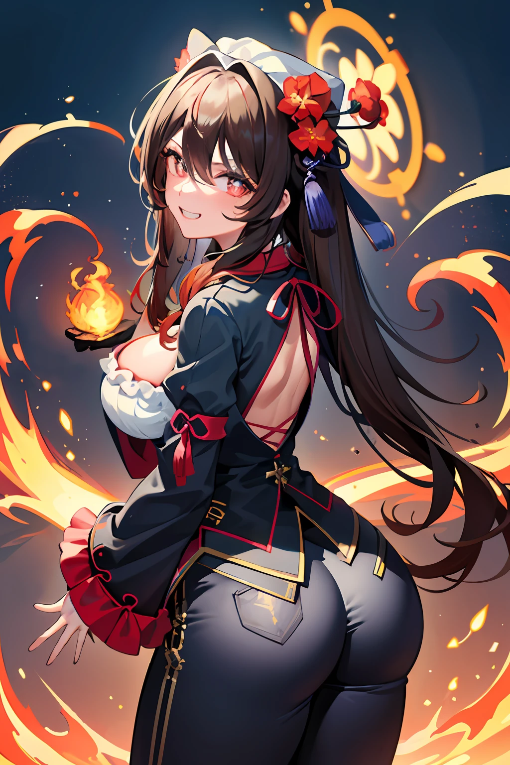 （（（tmasterpiece）））， 4K 分辨率， highly  detailed， （（（Very detailed eyes）））， detailedbackground， cinmatic lighting， crystal shining eyes， 1girll， high high quality， A high resolution， hyper-detailing， 8k， best qualtiy， 1girll， 独奏， shadowing， The light from the back window is backlighted， light particules， Thick lashes， Wide sleeves， thick thight， （tmasterpiece：1.3）， （best qualtiy：1.2）， （super fine illustrations：1.2）， （tmasterpiece）， high high quality， high detal， （独奏：1.4），（Circular image）），[（cyber punk perssonage：1）：5]， cyber punk perssonage， full bodyesbian， hair adornments， from the above， Hu Taotao（genshin impact）， Hats， Flowers on hats， brown  hair， double tails， red eyes， flower shaped pupils， evil grin smile， gigantic cleavage breasts， shorter pants， Behind the arm， pyrokinesis， hutaodef，genshin impact，gigantic cleavage breasts，semi-bare，Sexy big ass，Fiddling with sexy ass，Expose sexy breasts，The kinky is exposed ，Protruding anteriorly and posteriorly