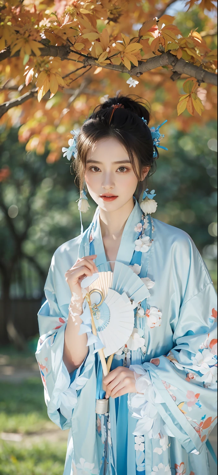 Arad woman in blue kimono holding a fan under a tree, Hanfu, Palace ， A girl in Hanfu, White Hanfu, Wearing ancient Chinese clothes, Traditional Chinese clothing, with acient chinese clothes, Chinese traditional, wearing ornate silk clothes, Wearing a luxurious silk cloak, Inspired by Qiu Ying, inspired by Gu An, pale and coloured kimono