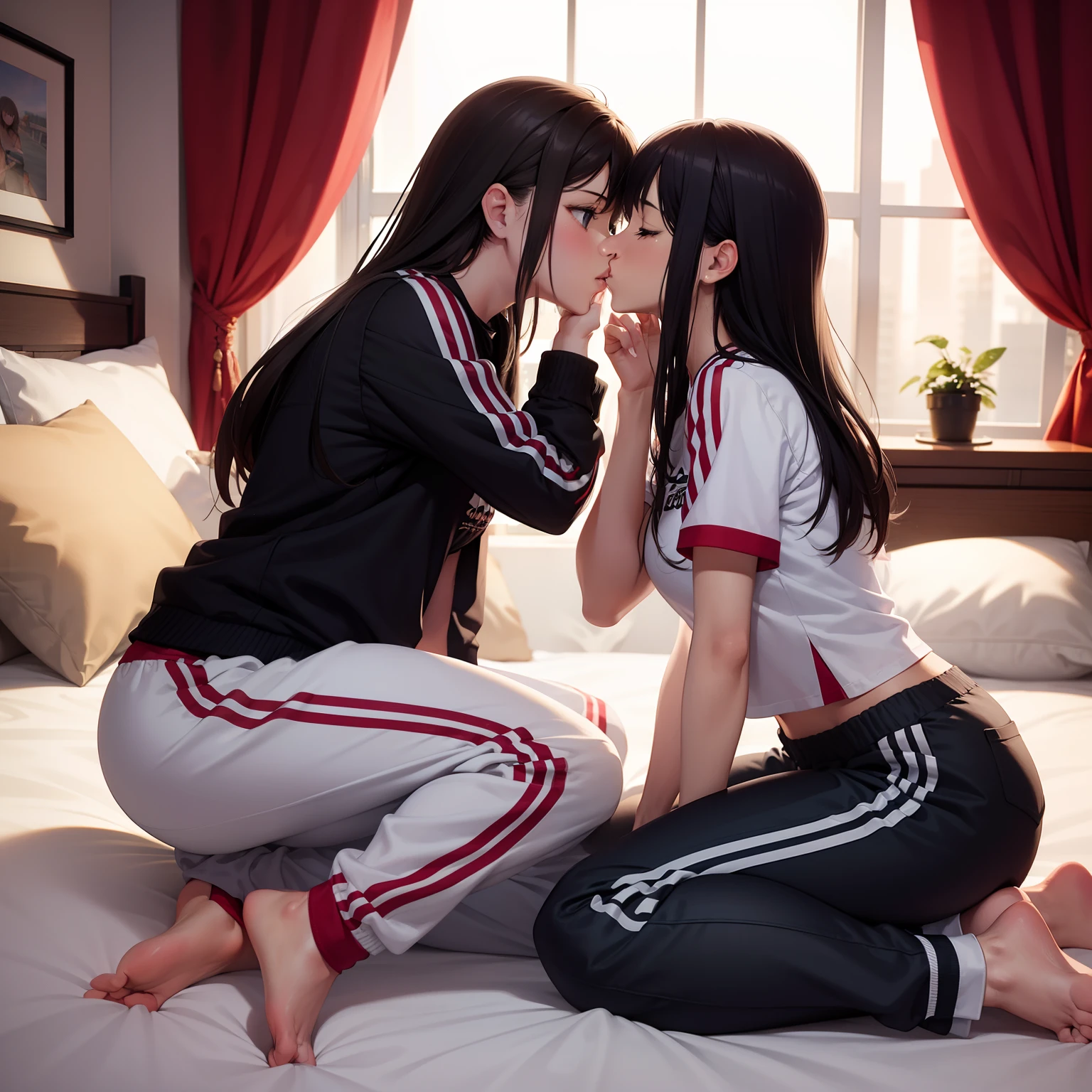 Two woman kissing in a bed, Adidas pants, anime