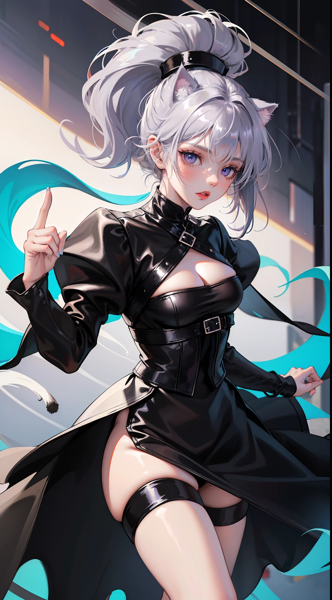 young girl, short gray hair, cat ears, high ponytail, violet eyes, Black leather tight top, white puffy sleeves, black skirt, pantyhouse, turquoise cloak, open breasts, Masterpiece, hiquality