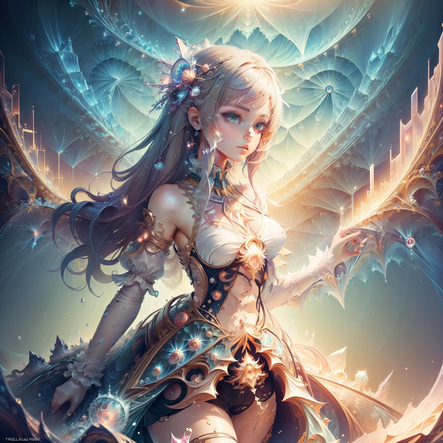 "((Fantasy art)) featuring an alien girl immersed in a celestial symphony, clouds transforming into vibrant splashes, flowers scattered like notes in the wind, a visual orchestration of color and wonder"