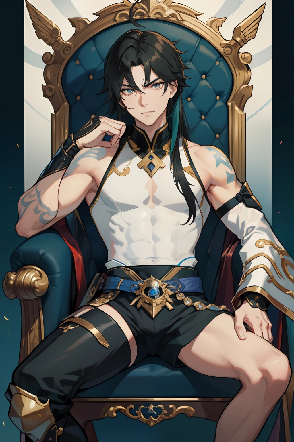 A young man, 25 years, defined body, Hair largo, Hair, black hair, black eyes, lower lip piercing, pointed chin, very beautiful, no shirt, black pants somewhat worn and destroyed, chains, flirtatious smile, flirtatious expression, full body view, Alone, throne room, castle place, sitting on a throne, pose that demonstrates self-confidence, digital drawing