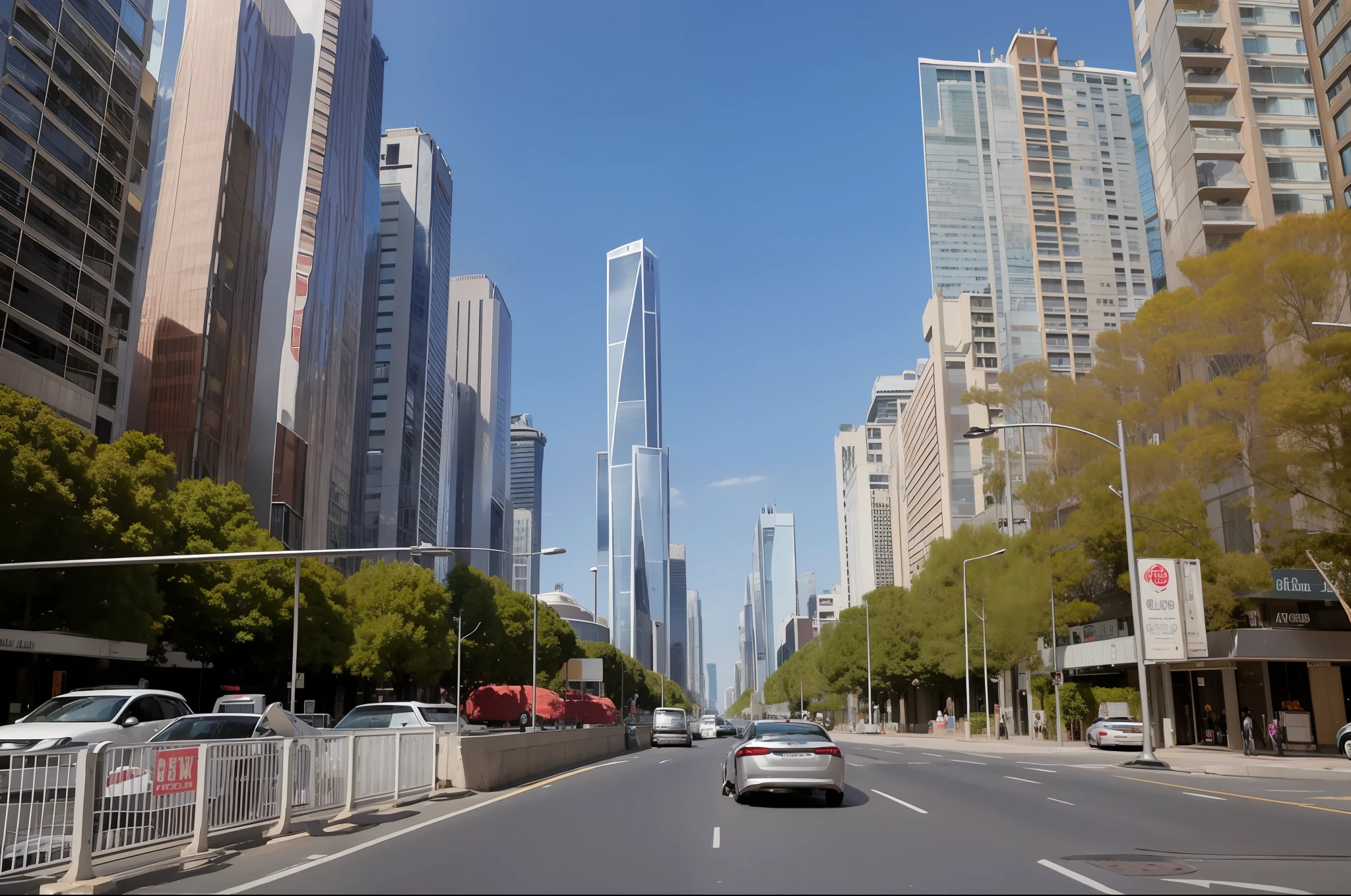 Cars driving on city streets，High-rise buildings in the background, modern city street, city street view background, with tall glass skyscrapers, Drive through the city, skyscrapers and flying cars, realistic matte painting, Modern Chicago streets, futuristic city street, tall buildings on the sides, highrise business district, with shiny glass buildings, shenzhen