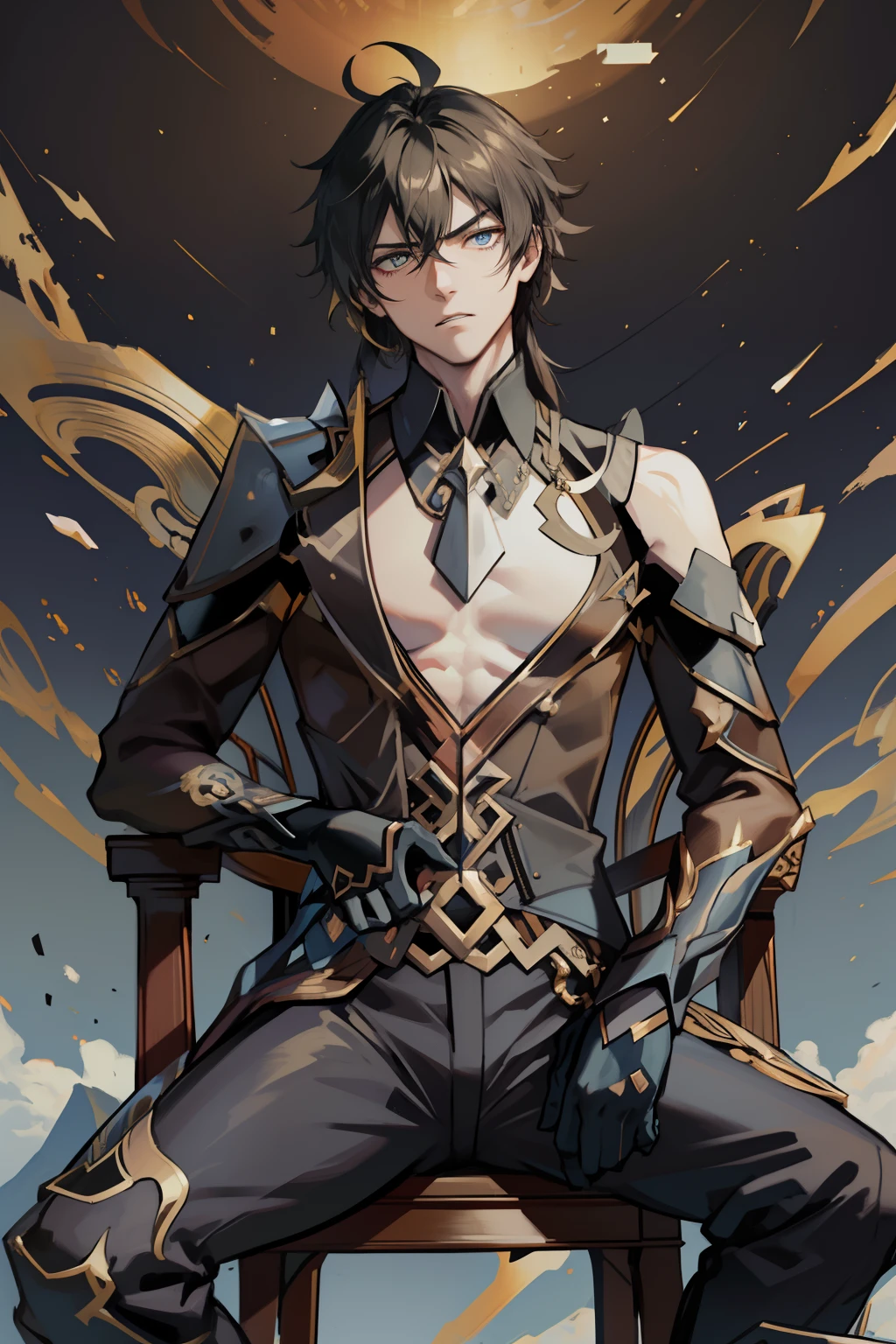 (absurderes,A high resolution,Hyper-detailing,hdr),younge boy,tmasterpiece,best qualtiy,1人,独奏,Handsome,Golden eyes,Fine eyes and detailed face,toppless,Tattooed with,arma,seated on a throne,Indifferent and arrogant,Abs,chest muscle,Raised sexy,Ruffian,Show your temperament,Male,masculine appeal,Male characteristics are distinct,Long messy hair,Arrogant,self-assured,Sitting majestically on the throne,Pondering,Legs crossed,white pantie,supreme,Lazy,Handsome,