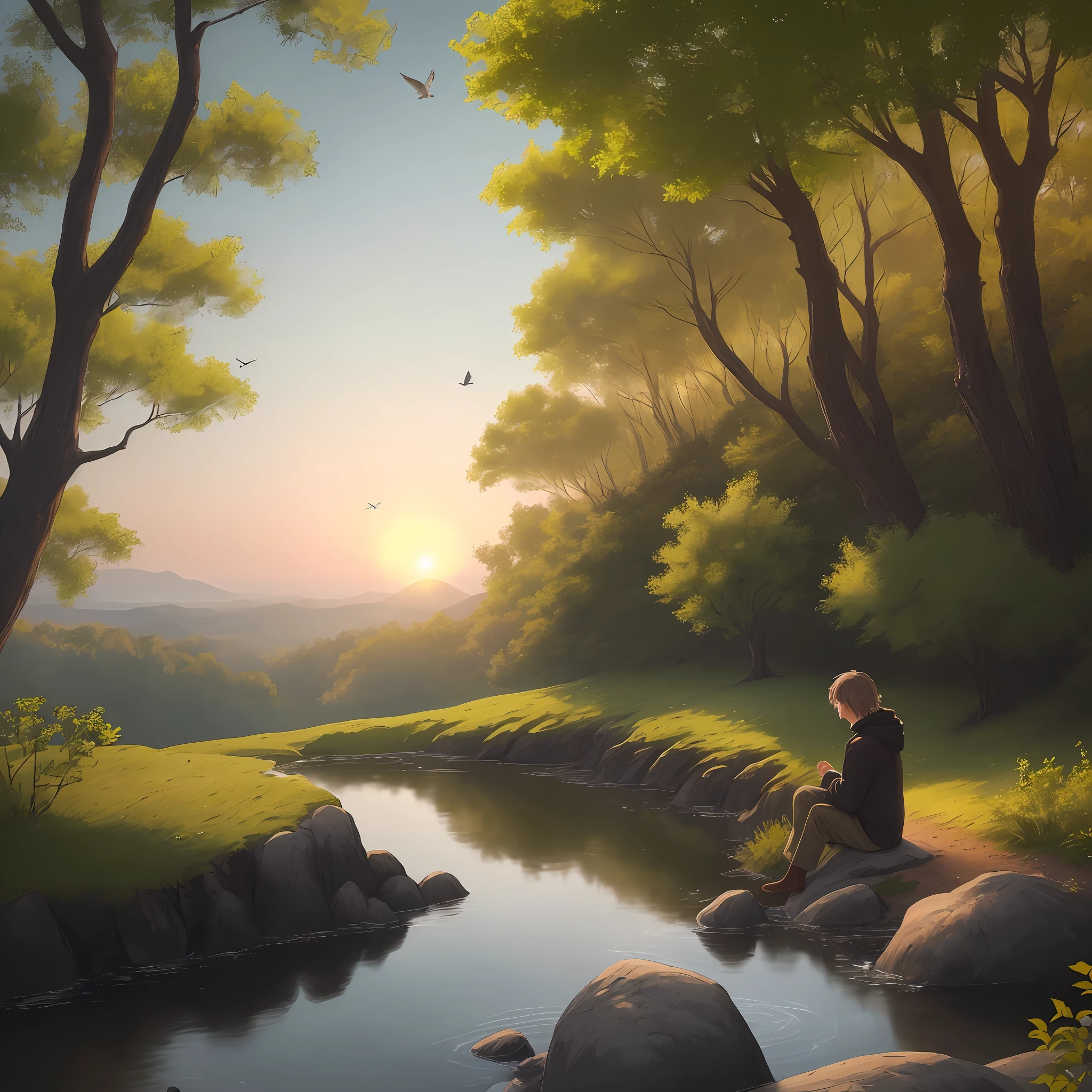 The person sitting on the edge of the cliff, looking at the sunset, is in a good mood. The surroundings are filled with trees, which provide a sense of calm and tranquility. The person may be feeling content and at peace with the world, enjoying the beauty of nature around them. The warm colors of the sunset may be reflecting off their face, adding to the serene atmosphere. The sound of leaves rustling in the wind and birds chirping in the background may also contribute to the peaceful ambiance. Overall, the person seems to be enjoying a moment of solitude and reflection in a beautiful natural setting.