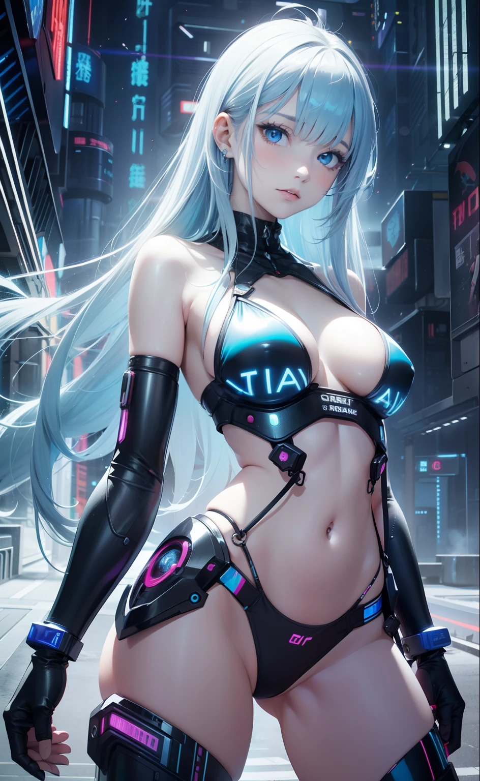 Masterpiece, Best Quality, Girls, Slender, Blue Eyes, Hair Color, Iridescent, Long Hair Spreading, White Skin, Medium, Cute, Sexy, Near Future, Cyberpunk, Bikini, Exposed Skin, Night, Psychedelic, Trip, Extreme Color, Paisley Theme, Open Legs, Mechanical Left Arm, Full Body