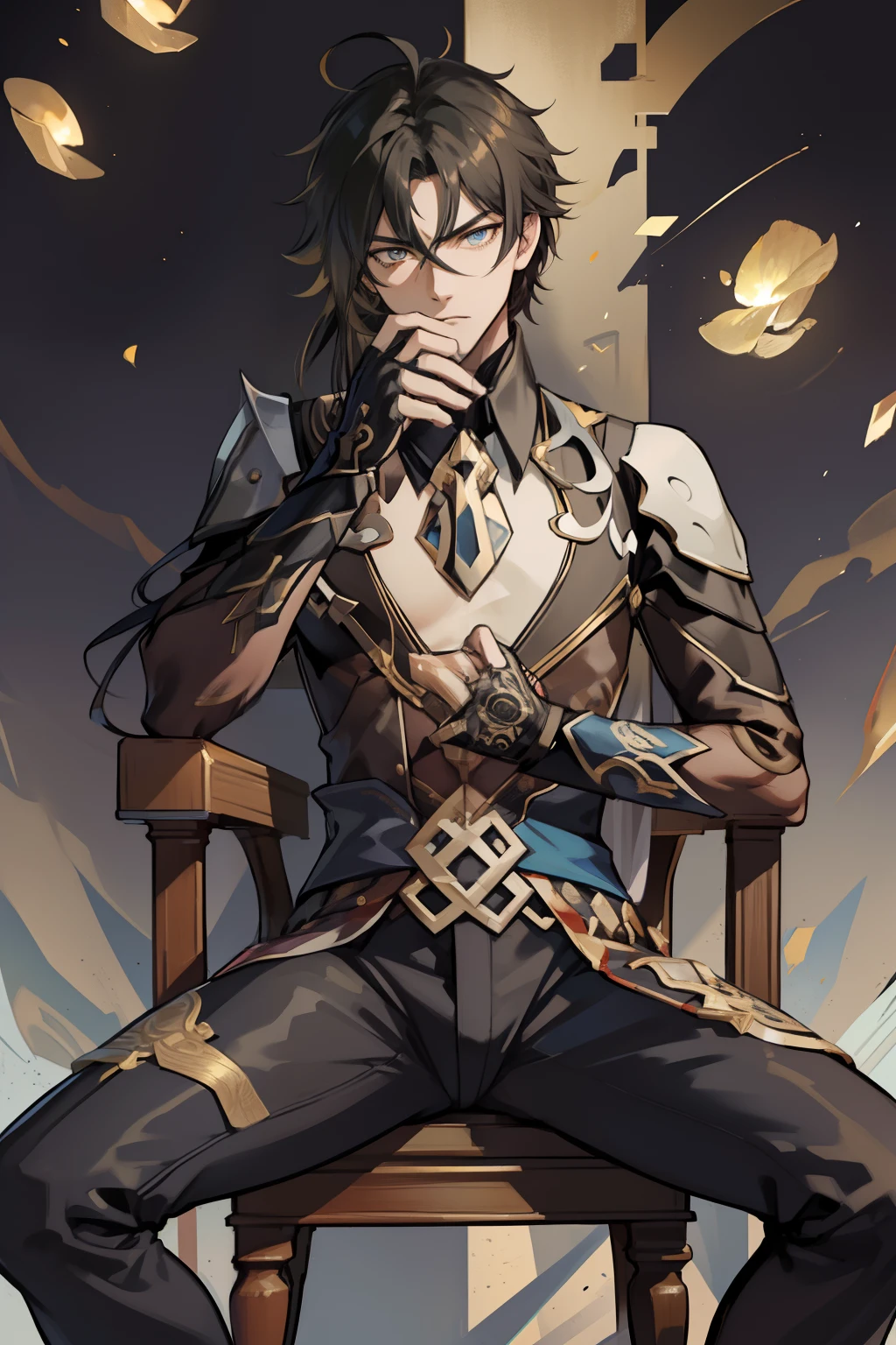 (absurderes,A high resolution,Hyper-detailing,hdr),younge boy,tmasterpiece,best qualtiy,1人,独奏,Handsome,Golden eyes,Fine eyes and detailed face,toppless,Tattooed with,arma,seated on a throne,Indifferent and arrogant,Abs,chest muscle,Raised sexy,Ruffian,Show your temperament,Male,masculine appeal,Male characteristics are distinct,Long messy hair,Arrogant,self-assured,Sitting majestically on the throne,Pondering,Legs crossed,white pantie,supreme,Lazy,Handsome,