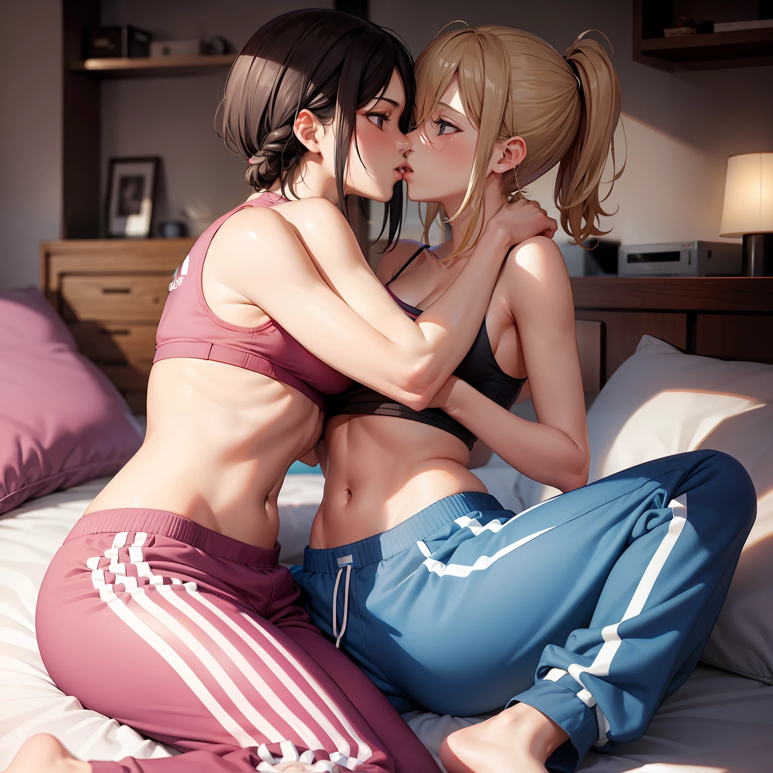 lesbians kissing, Adidas baggy pants, na cama, corpo inteiro,