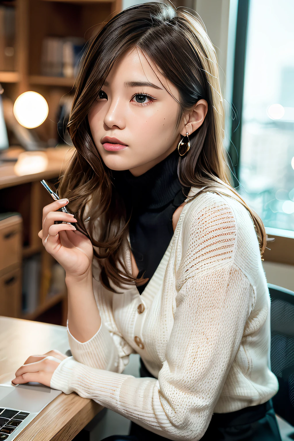 A Classy and Cute girl, {wearing a classy (white) knit sweater}, {(black) (long) ruffled skirt}, close the button, (wearing an employee ID card around the neck), 
Detailed eyes, symmetric eyes, Light Brown eyes, Double eyelids, Thin eyebrows, Glossy lips, (serious expression), 
medium large breasts, (slender figure:1.1), firm abs, beautiful clavicle, 
(Dark blonde hair, wavy hair, long hair), (asymmetrical bangs), (((looking away:1.3))), (Focus on profile1.2)
BREAK, 
Sitting and working with PC inside the office desk, (neat and tidy desk), 
in the stylish office at night, ((Full body shot:1.2)), (from side), 
BREAK, 
(masterpiece:1.3), realistic, photo-realistic, RAW photo, beautiful detailed face, pale skin, realistic glistening skin, detailed cloth texture, detailed hair texture, Perfect body, Beautiful Face, accurate, Anatomically correct, Highly detailed face and skin texture, natural neck length, (beautiful hands), (fair skin:1.2), Thin legs, Thin feet,