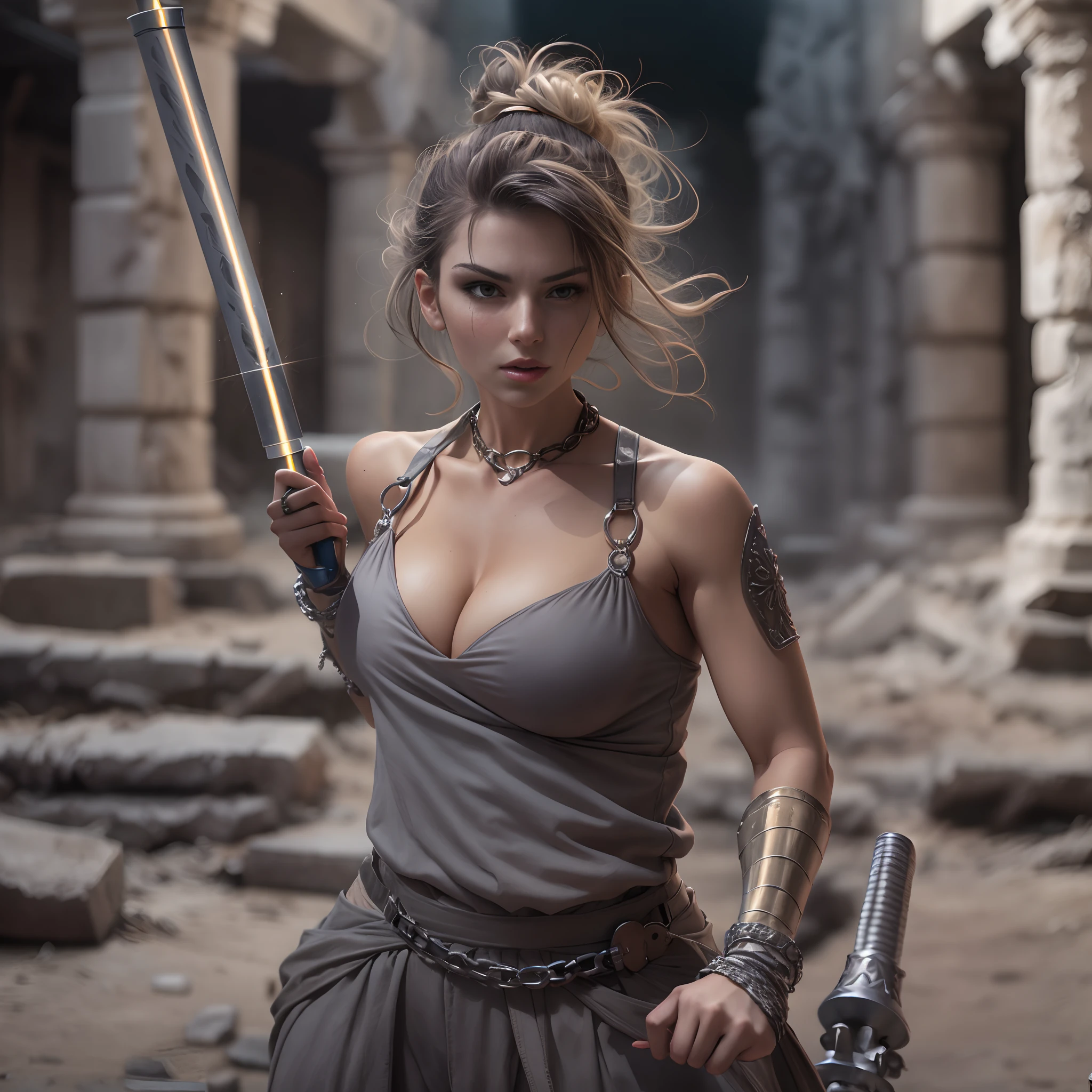 slender woman in chainmail halter top, hair in messy bun, big breasts, lunging to the camera with a saber, dynamic pose among ancient ruins