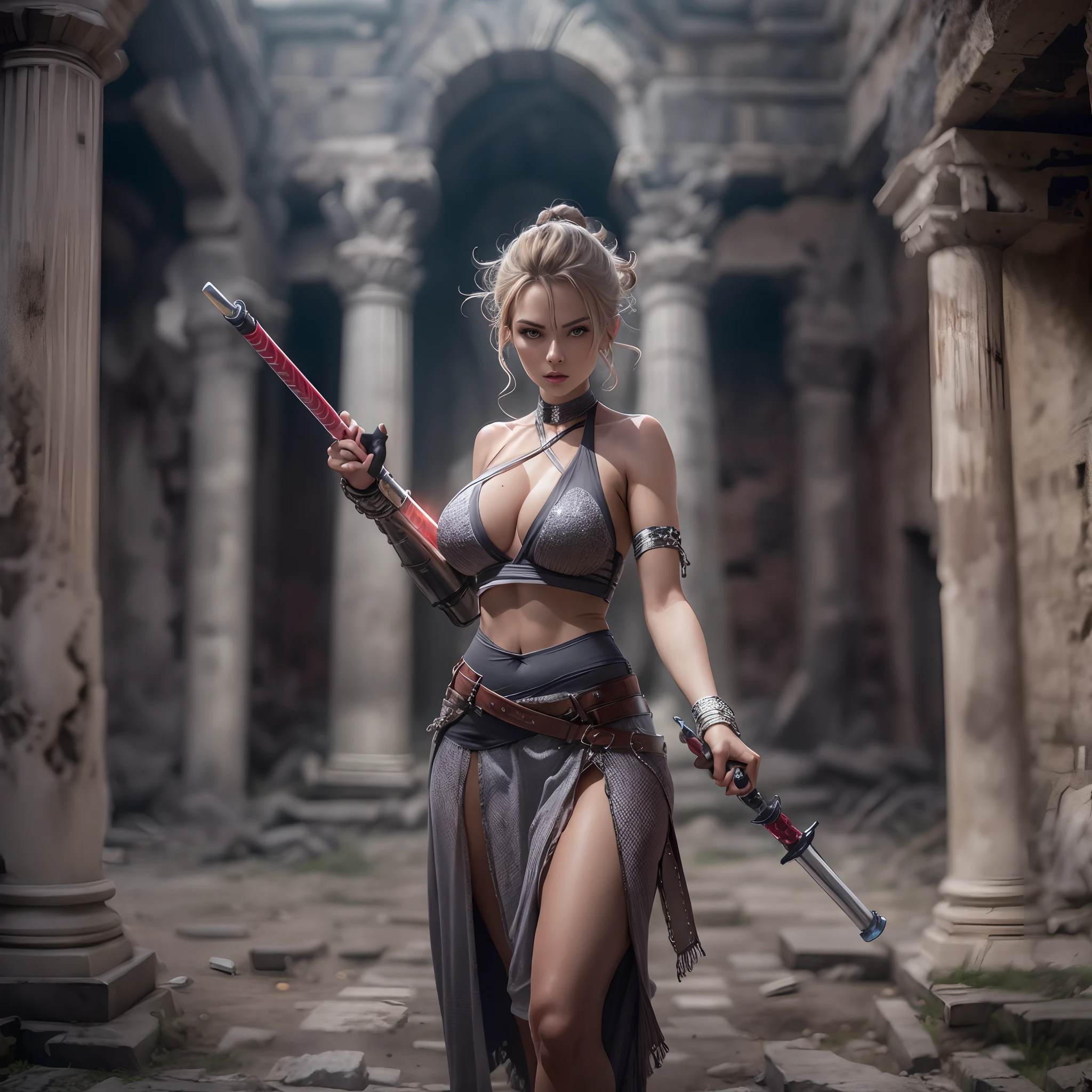 slender woman in chainmail halter top, hair in messy bun, big breasts, lunging to the camera with a saber, dynamic pose among ancient ruins