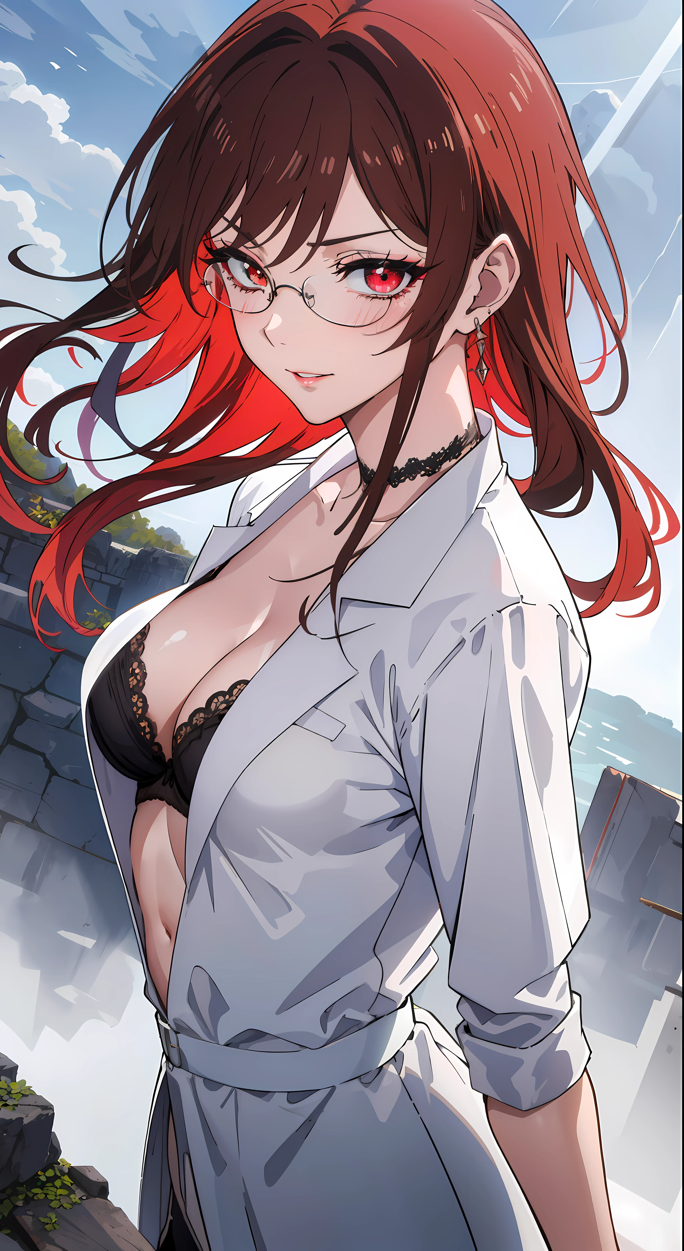 professional artwork, Intricate Details,(masterpiece, best quality), sharp focus, detailed painting, photorealistic lighting, trending on pixiv, red glowing eyes, smirk, blushing, dark, gloomy, dramatic lighting, fog, mist, god rays, fantasy landscape, day, sunny sky, castle, walking, girl, sexy, close up, red blood hair color, mature female,Beautiful Finger,Beautiful long legs,Beautiful body,Beautiful Nose,Beautiful character design, perfect eyes, perfect face, extremely detailed CG unreal engine 8k wallpaper, perfect lighting,Colorful, Bright_Front_face_Lighting, ultra high res,4K,ultra-detailed, photography, 8K, HDR, highres, (small boobs), rich detailed lips, rich detailed lipstick, beautiful detail eyes, (upper body, half body shot), choker, glasses,
labcoat, open shirt, pencil skirt, thighhighs, garter straps, lace trim, lace-trimmed bra, high heels,
asaemon_sagiri, (solo:1.4)