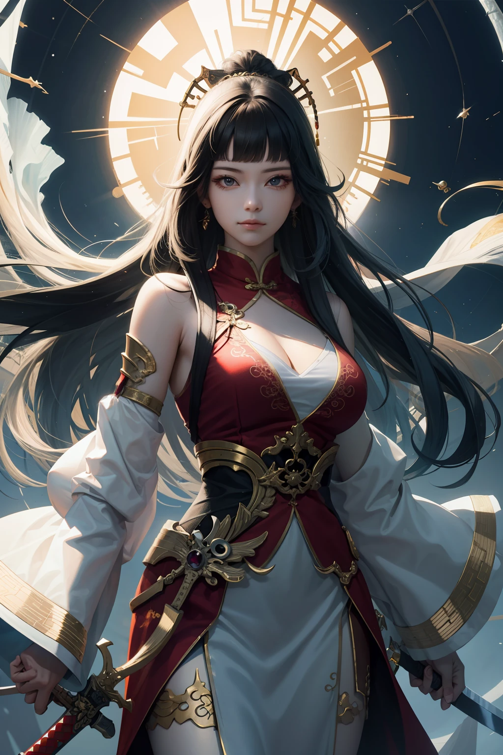1girll,Skysky,Celestial,immortal,China-style,highest details,Majestic,Calm face,long sword,long whitr hair,longer sleeves,big breasts beautiful,baiyun,light glow