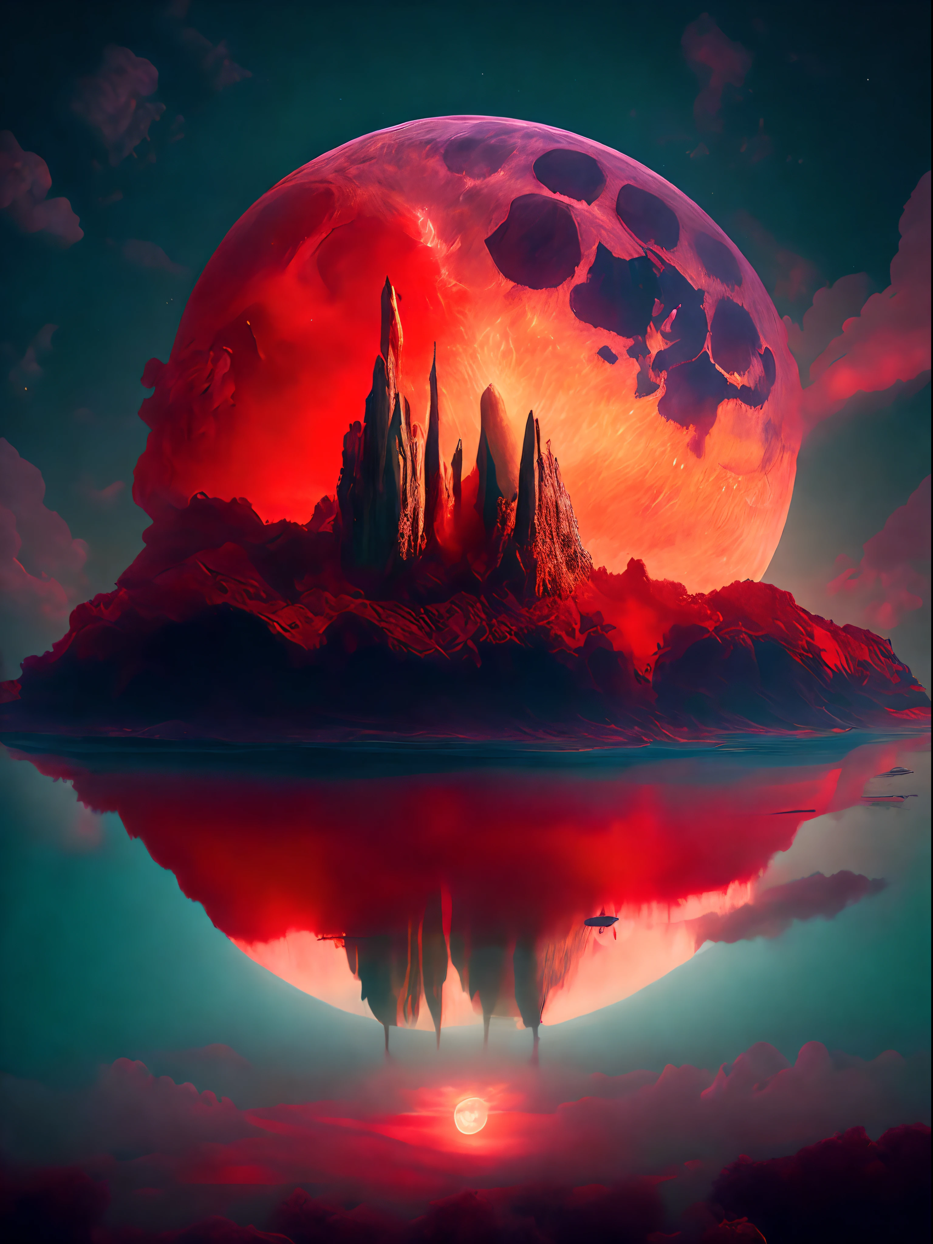"Obra maestra surrealista. calidad excepcional. detalles sorprendentes. Surreal CG rendering of a dark red moon rising above a tranquil lake surrounded by red clouds, autoiluminado, Large area of clouds and fog in luminous tones, celestial lighting, Cosmic illumination, Experience the fusion of abstract and realistic elements. Colores vibrantes y contrastantes. Mysterious atmosphere. Surrealist technique in the representation of objects and figures. Organic textures and shapes. Dreamlike inspiration. Surprising composition and perspective. Adentrarse en un mundo surrealista lleno de sorpresas y emociones."